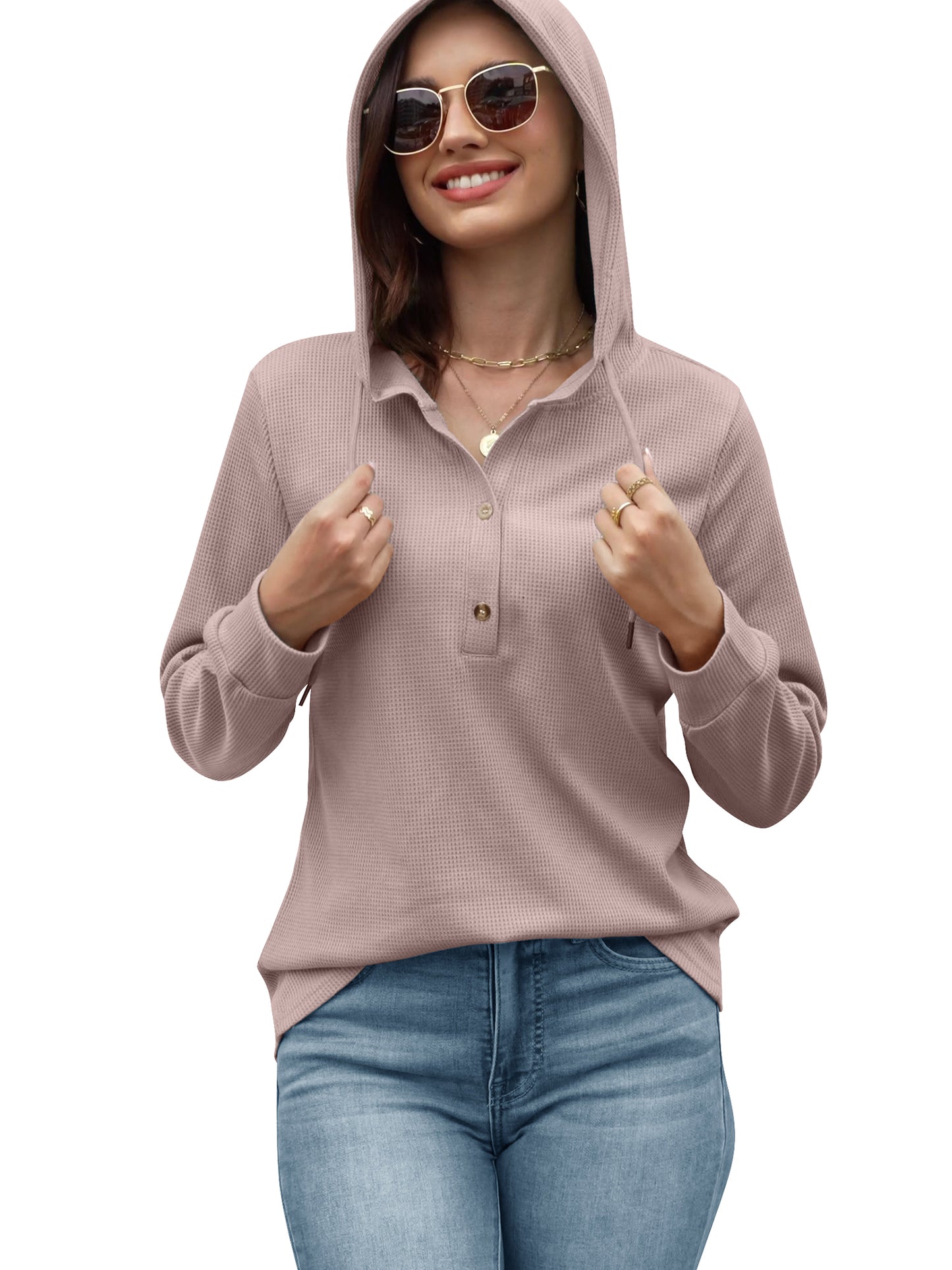 VDJ Hooded Tops for Womens Casual Loose Waffle Knitwear Drawstring Hoodies Button Cute Pink Sweatshirts