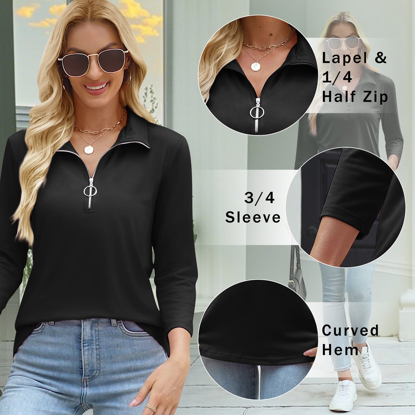 VDJ Tops for Women Zipper V Neck Shirts Casual Loose Solid Color Tshirts 3 4 Sleeve Black Blouse Comfort Pullover