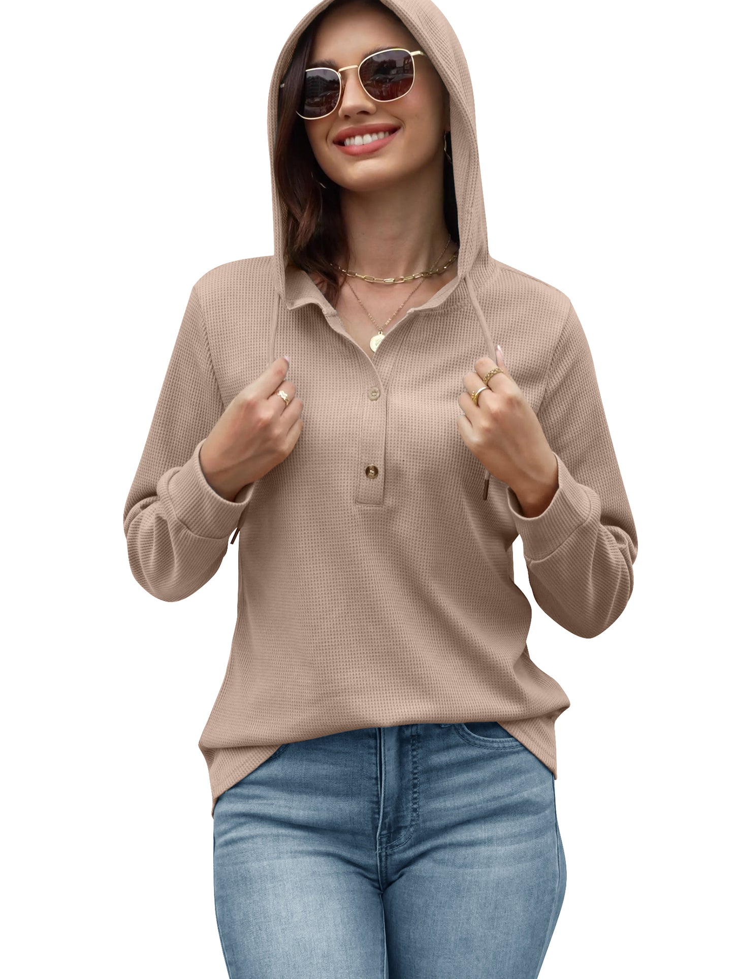 VDJ Womens Fall Tops Hoodies Pullover Casual Long Sleeve Button Hooded Sweatshirts Lightweight Autmun Clothing