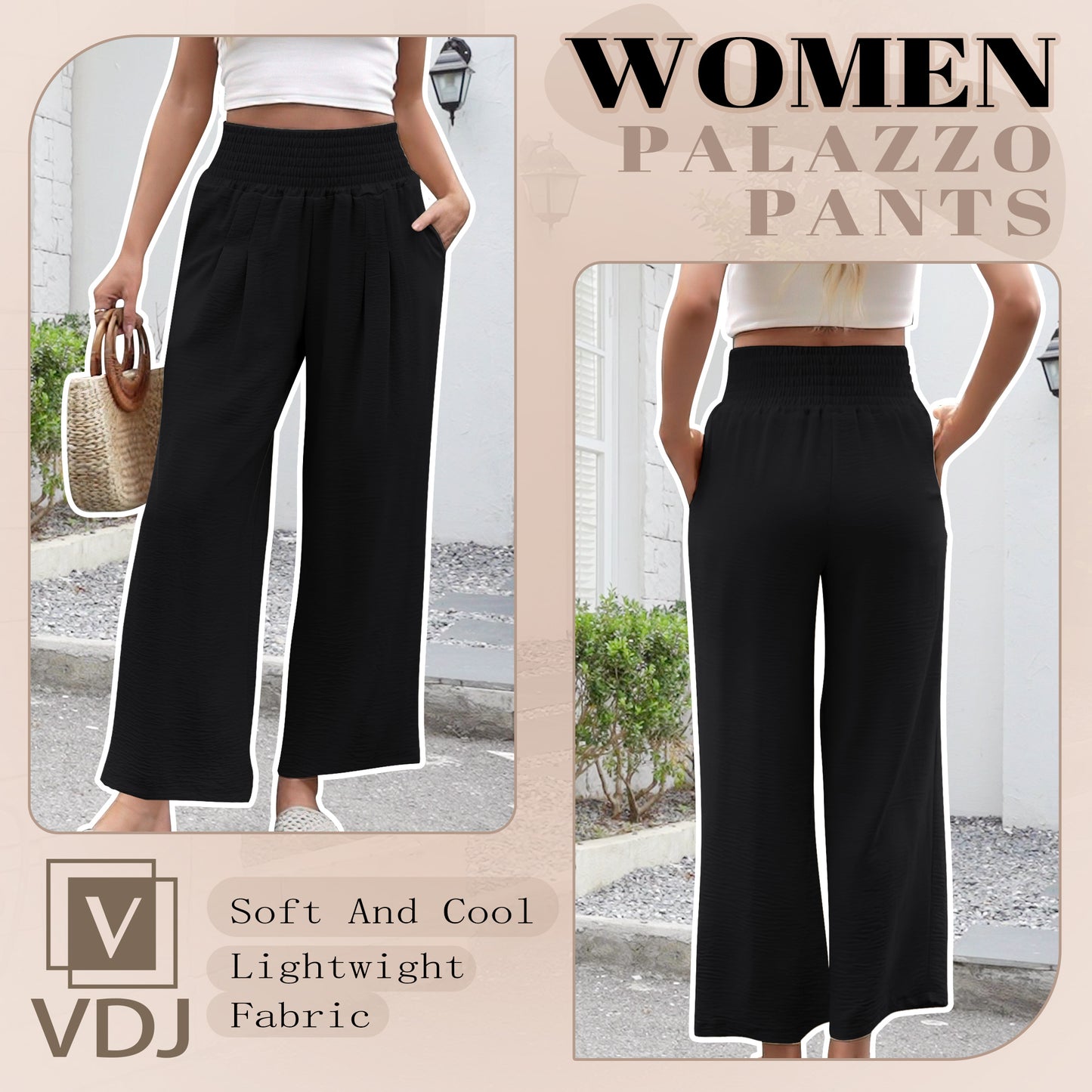 VDJ Wide Legged Pants for Women Loose Fit Casual Comfy Lounge High Waist Trousers Flowy Palazzo Black Pants