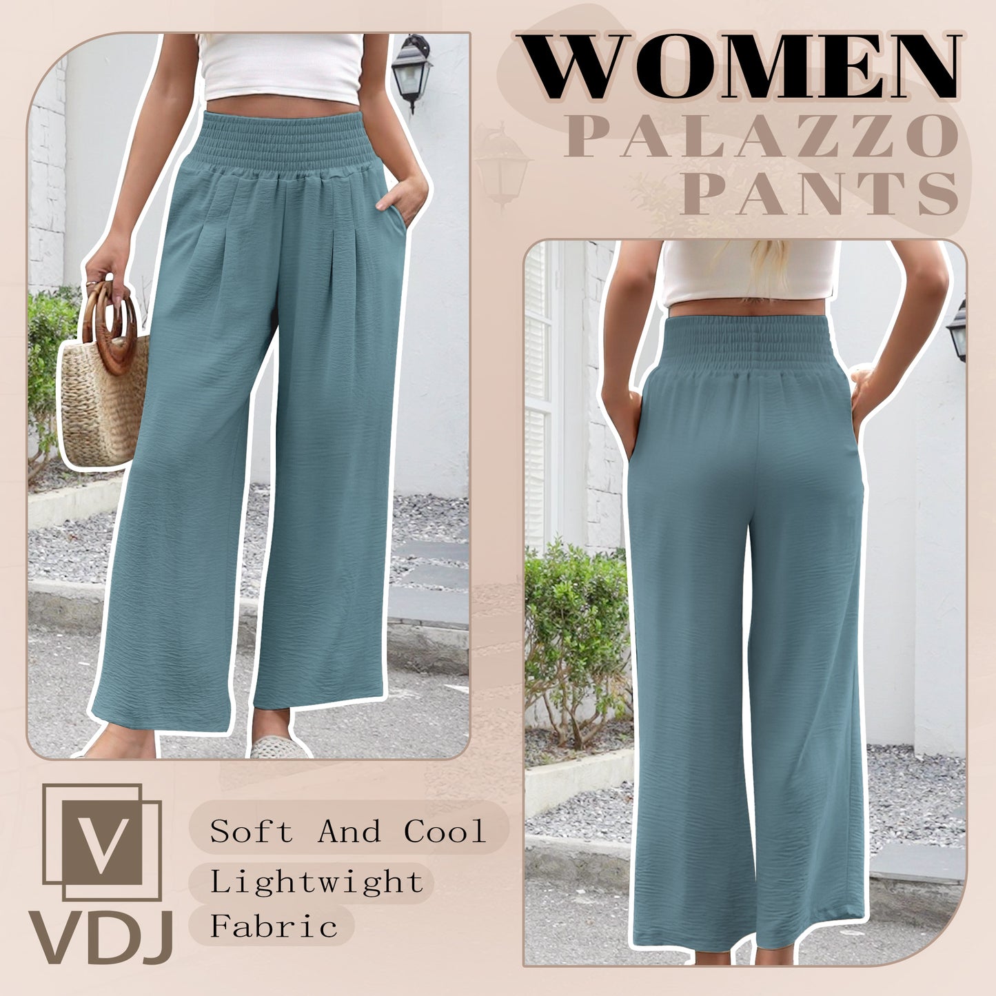 VDJ Women's Pants Summer Bohemian Wide Leg Flowy High Waist Holiday Beach Pants Travel Outfits Side Pockets