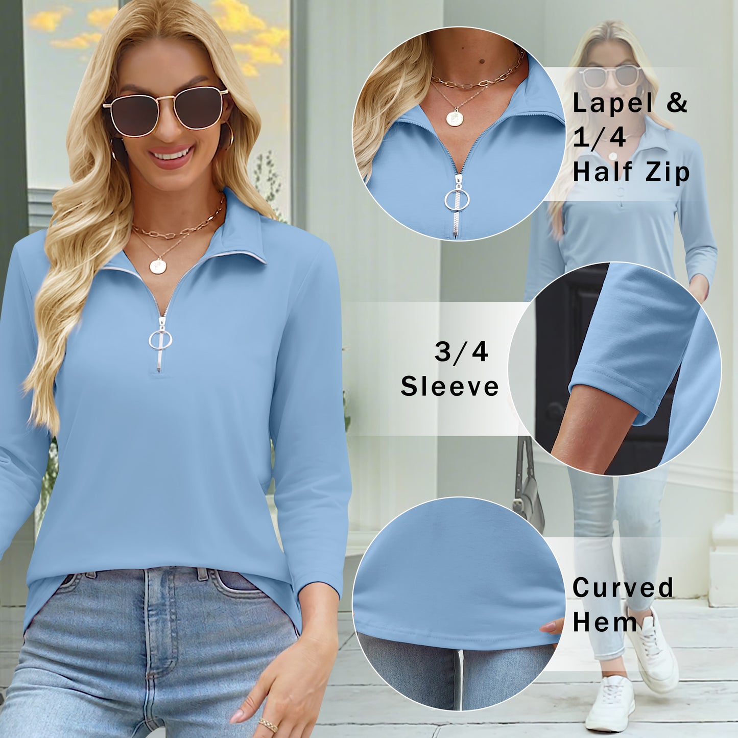 VDJ 3/4 Sleeve Shirts for Women Half Zip Collared Tops Summer Fall Collar Polo Shirts Sky Blue Soft Basics Tees