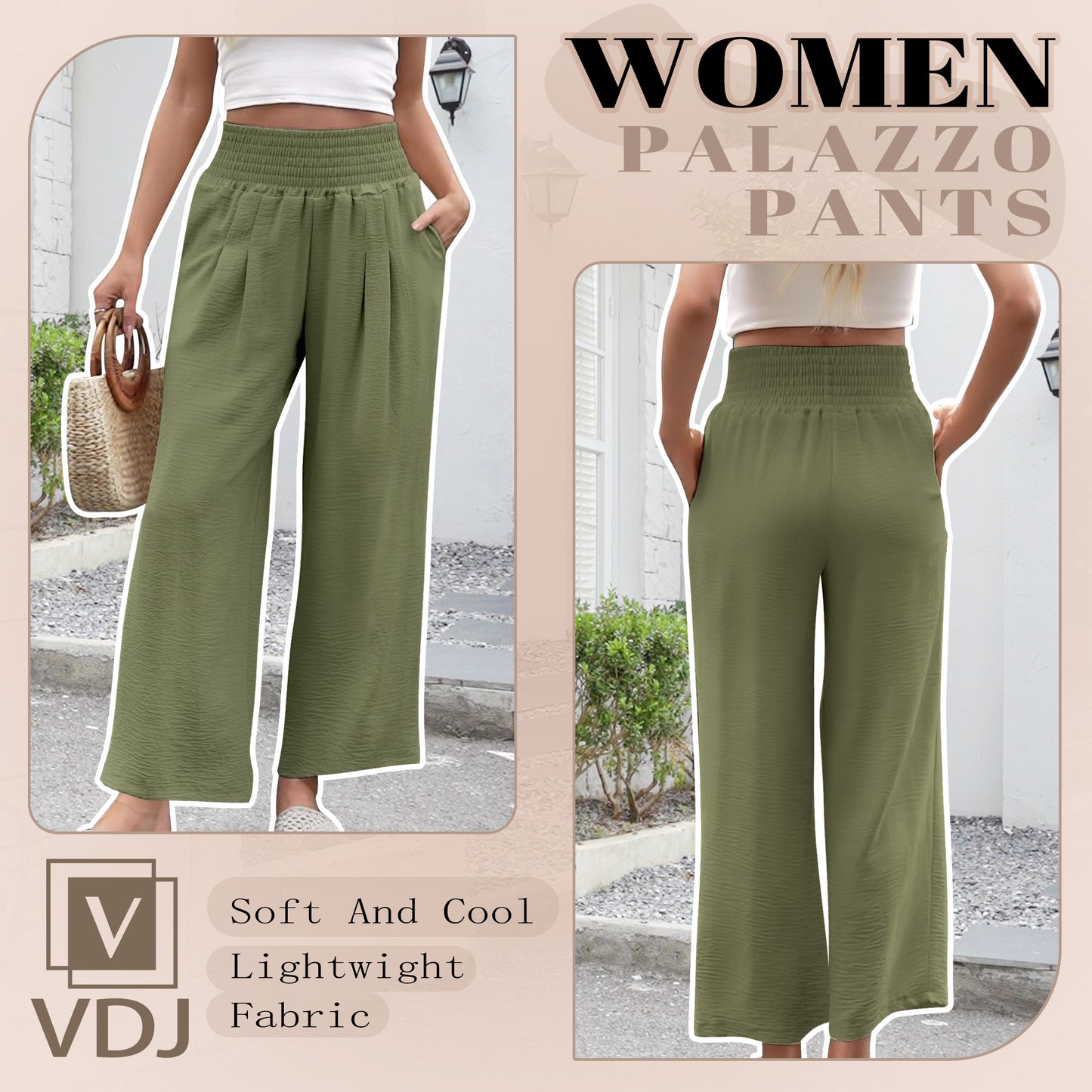 VDJ Palazzo Lounge Pants for Women Casual Comfy High Waist Flowy Green Dressy Pants Halara Trousers with Pockets