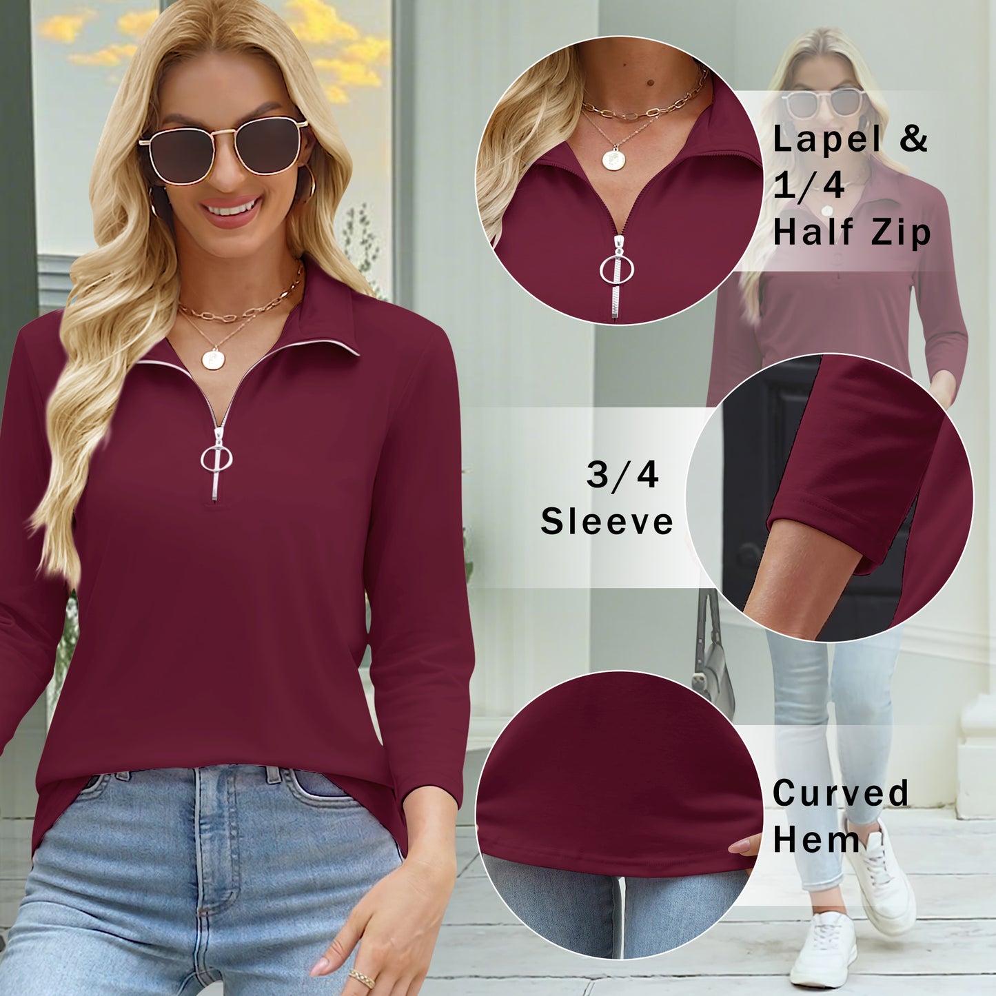 VDJ Women Dressy Tops 3/4 Sleeve Zip Up Collard Tops Casual Vintage Wine Red Fall Polo Shirts Clothing