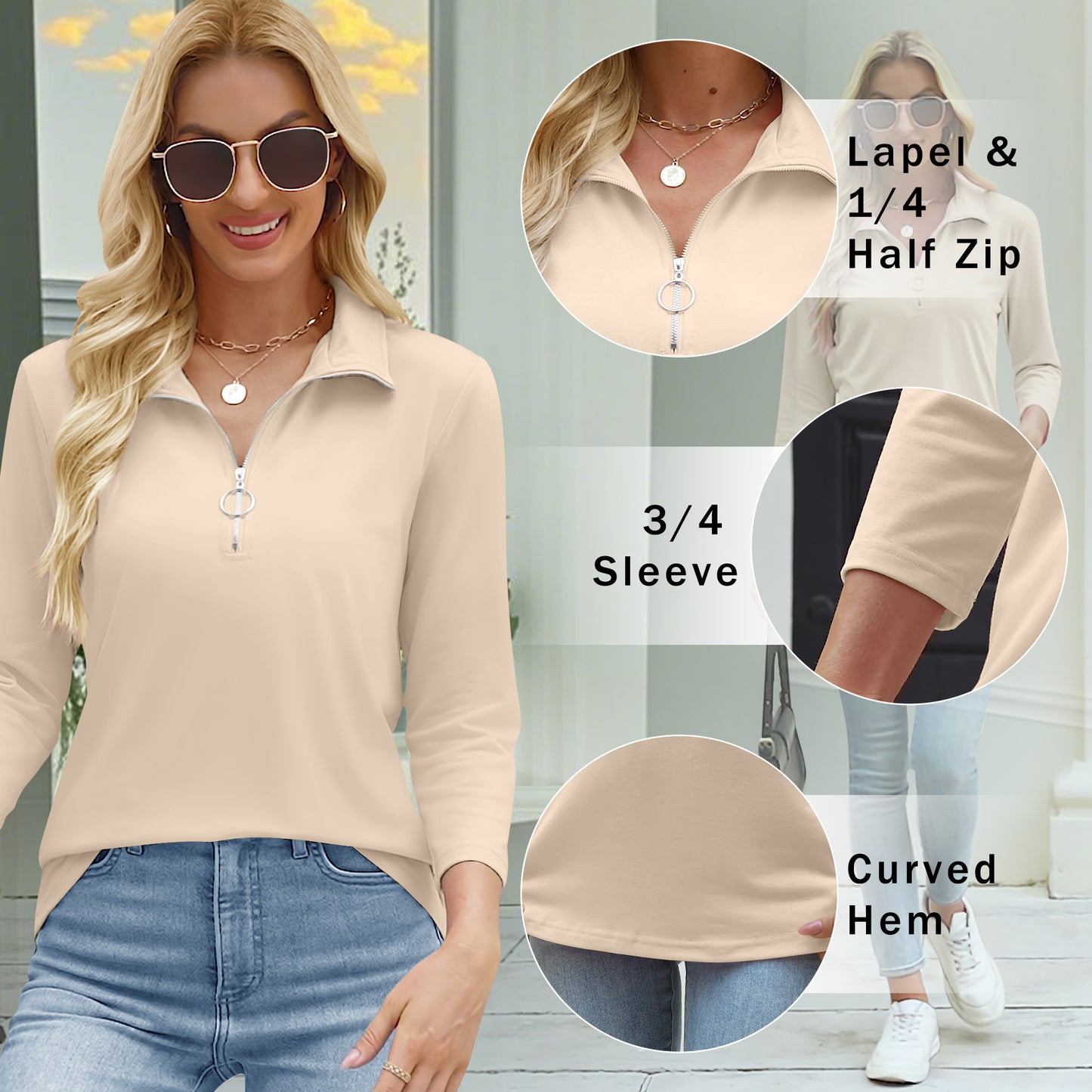VDJ Women Fall Blouse 3/4 Sleeve Zipped Basic T Shirts Solid Color Lightweigt Soft Beige Tops 2025 New Clothing