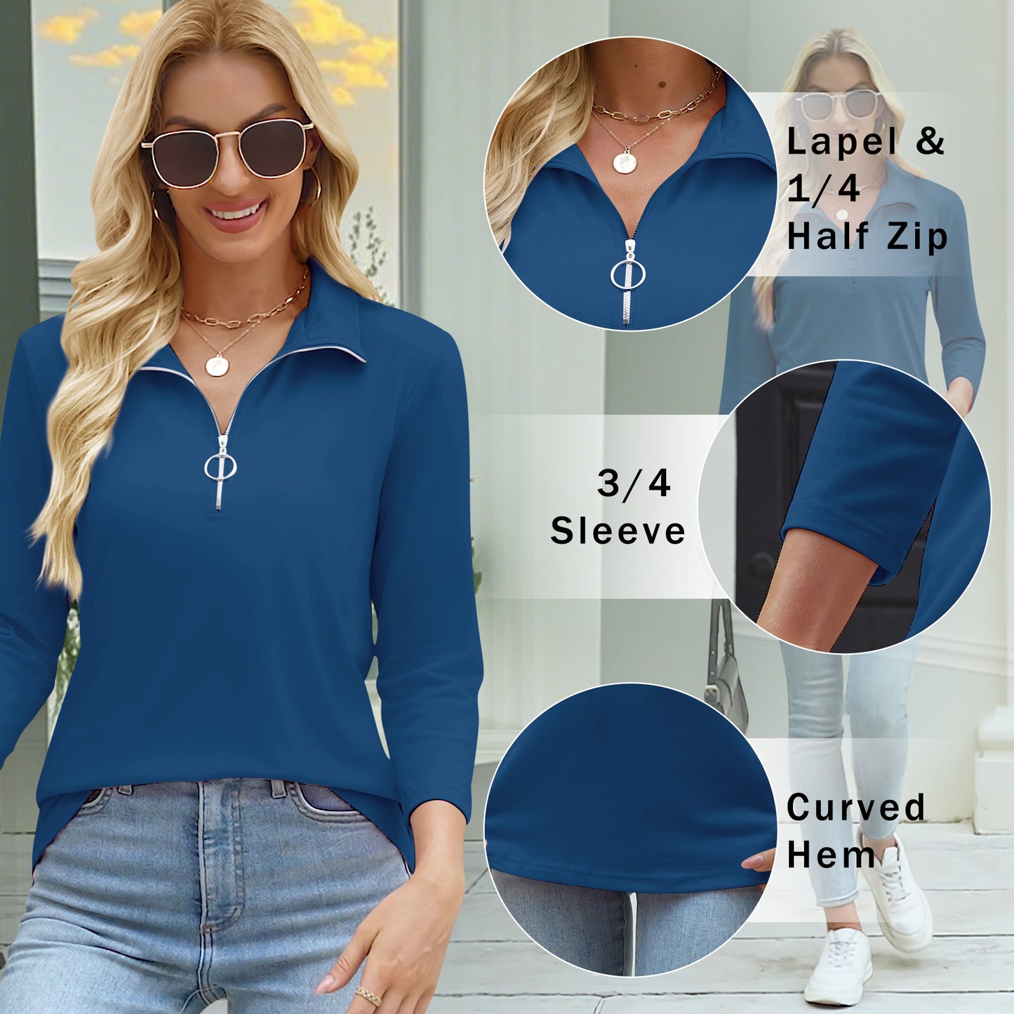 VDJ Women Fall Tops 3/4 Sleeve Fashion Half Zipper Collared Polo Shirts Lightweight Soft Navy Blue Tee Blouses for Ladies