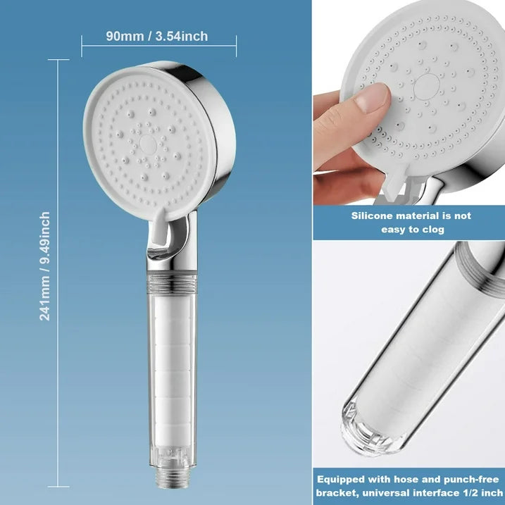 Arevtovis Shower Head, 5-Mode Massage Pulse Handheld Shower Head Set, High-Pressure Shower Head with Punch-Free Bracket and Long Hose, Easy Installation Without Tools, Silver