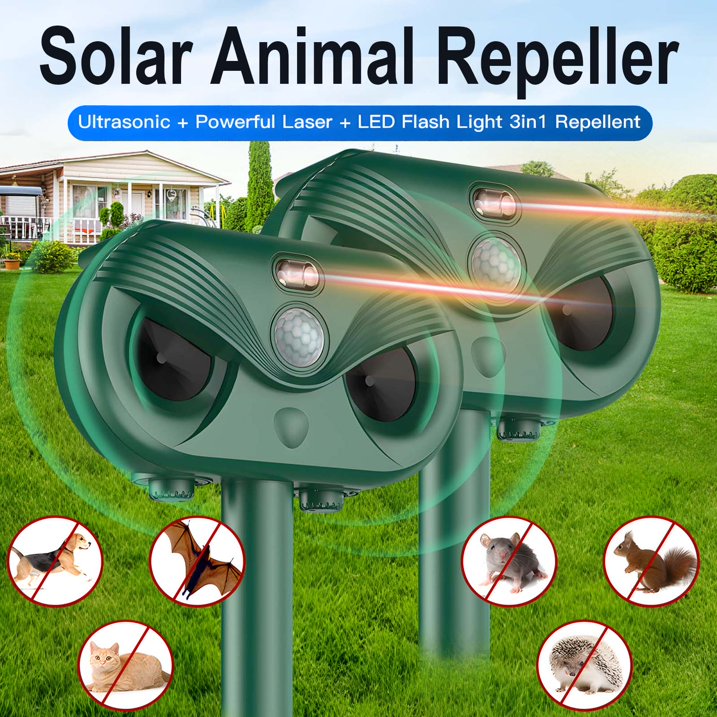 Arevtovis 2 Pack Animal Repeller, Ultrasonic, LED Light, Laser 3 in 1 Outdoor Solar Animal Repeller, 110° and 40FT Ultra-wide Range, Suitable for More Than 30+ Animals
