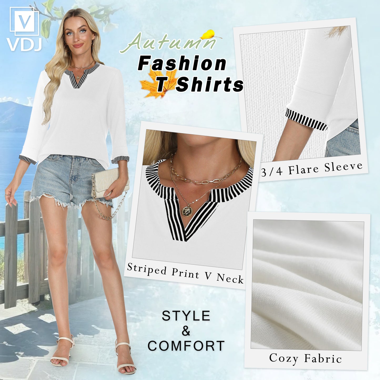 VDJ Women Fall Shirts Dressy Casual Henley V Neck Blouses T Shirts 3/4 Basic White Tops Striped Outfits