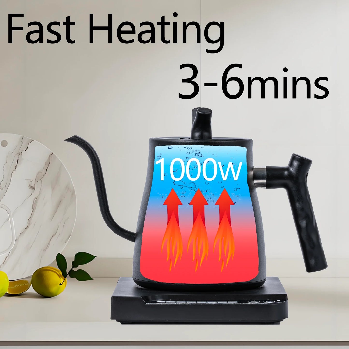 YUOFD Electric Gooseneck Kettle, 1L Pour Over Stainless Steel Kettle for Coffee, Intelligent Temperature Control