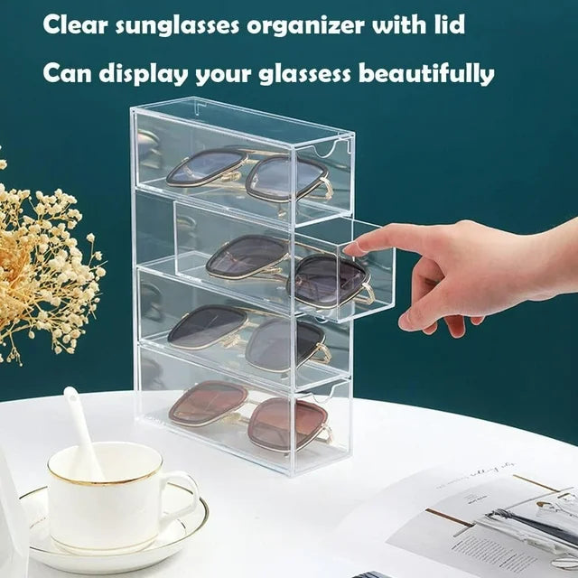 YUOFD Acrylic Sunglasses Display Box, Clear Glasses Display Cases with 4 Drawers, Stackable Jewelry Storage Boxes