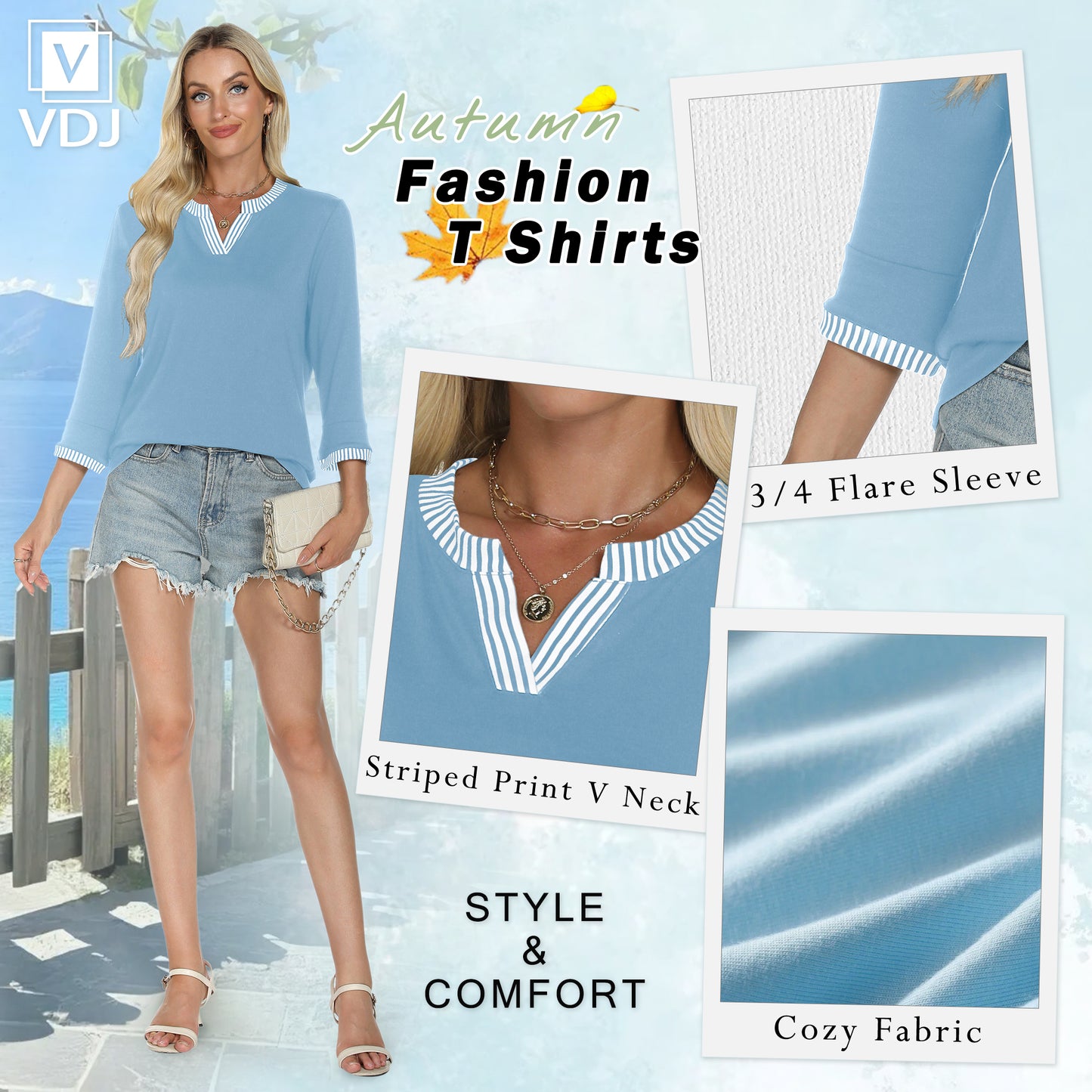 VDJ Women's 3/4 Sleeve T Shirts Casual Fit Dressy V Neck Stripe Print  Tunic Tee Sky Blue Fall Fashion Outfits 2025