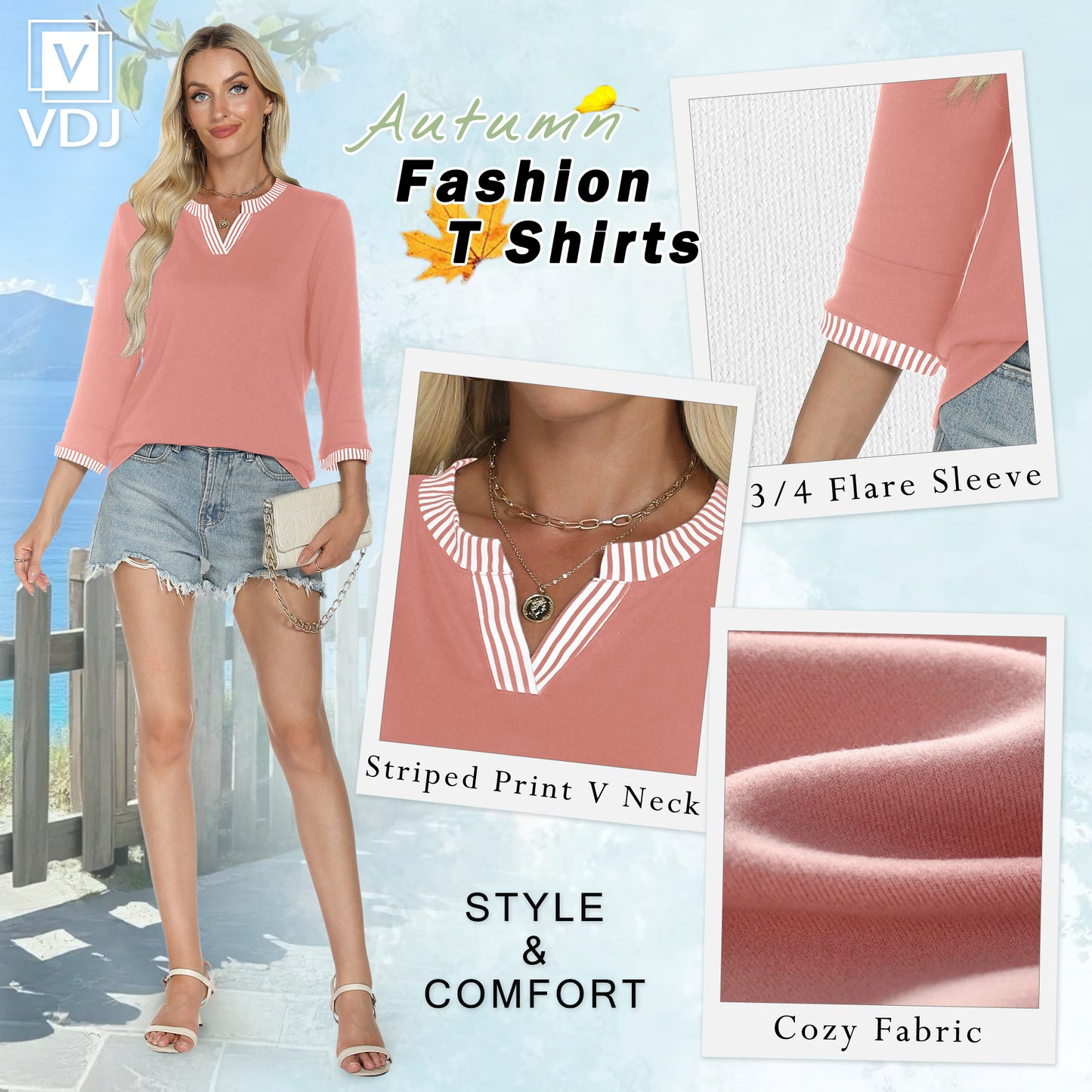 VDJ Women Color Block T Shirts Casual Loose 3/4 Sleeve V Neck Fashion Tops Cute Light Pink 2025 Fall Blouse