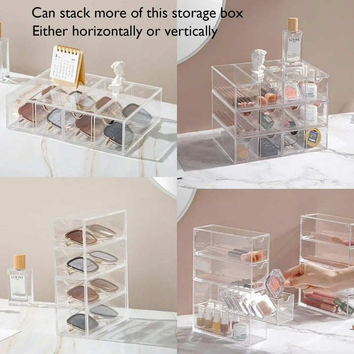 YUOFD Acrylic Sunglasses Display Box, Clear Glasses Display Cases with 4 Drawers, Stackable Jewelry Storage Boxes