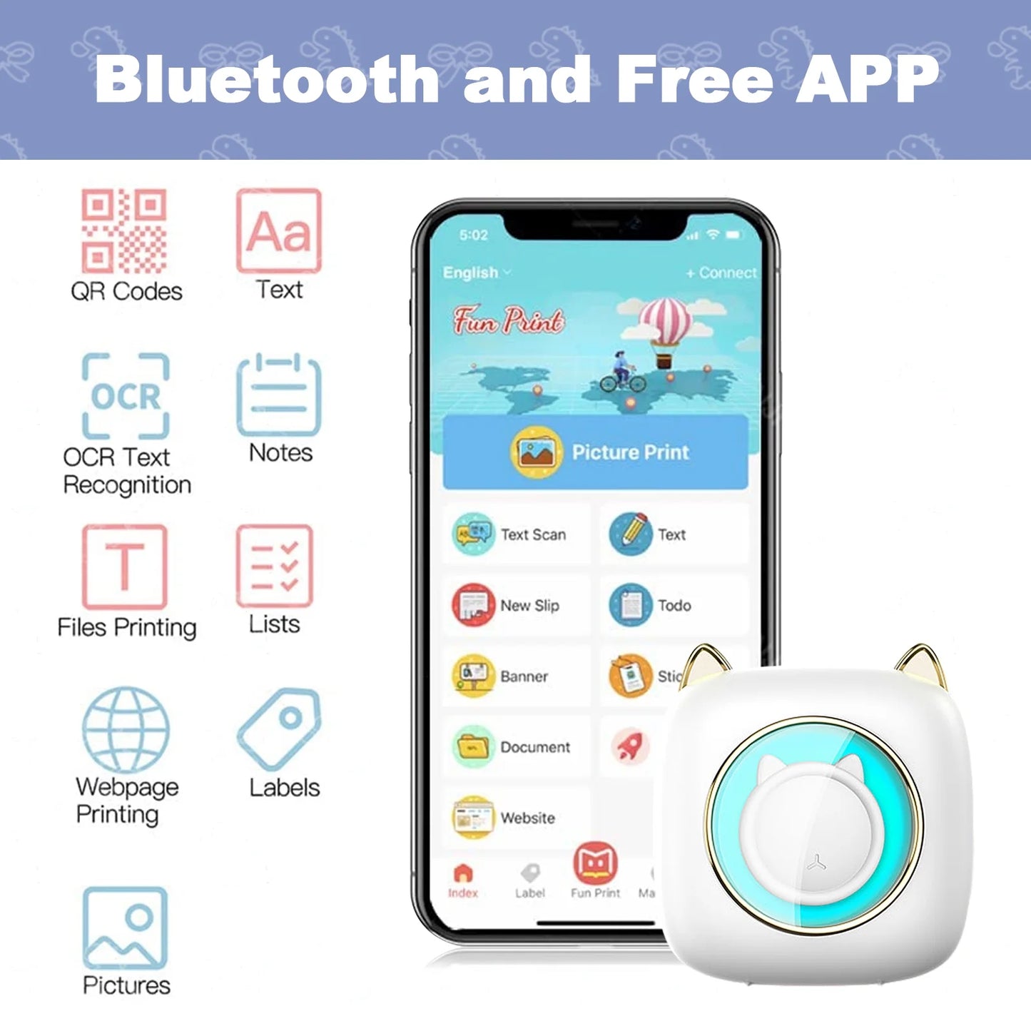 Arevtovis Mini Printer, Pocket Bluetooth Thermal Printer Compatible with iOS + Android, Comes with Three Types of Printing Paper