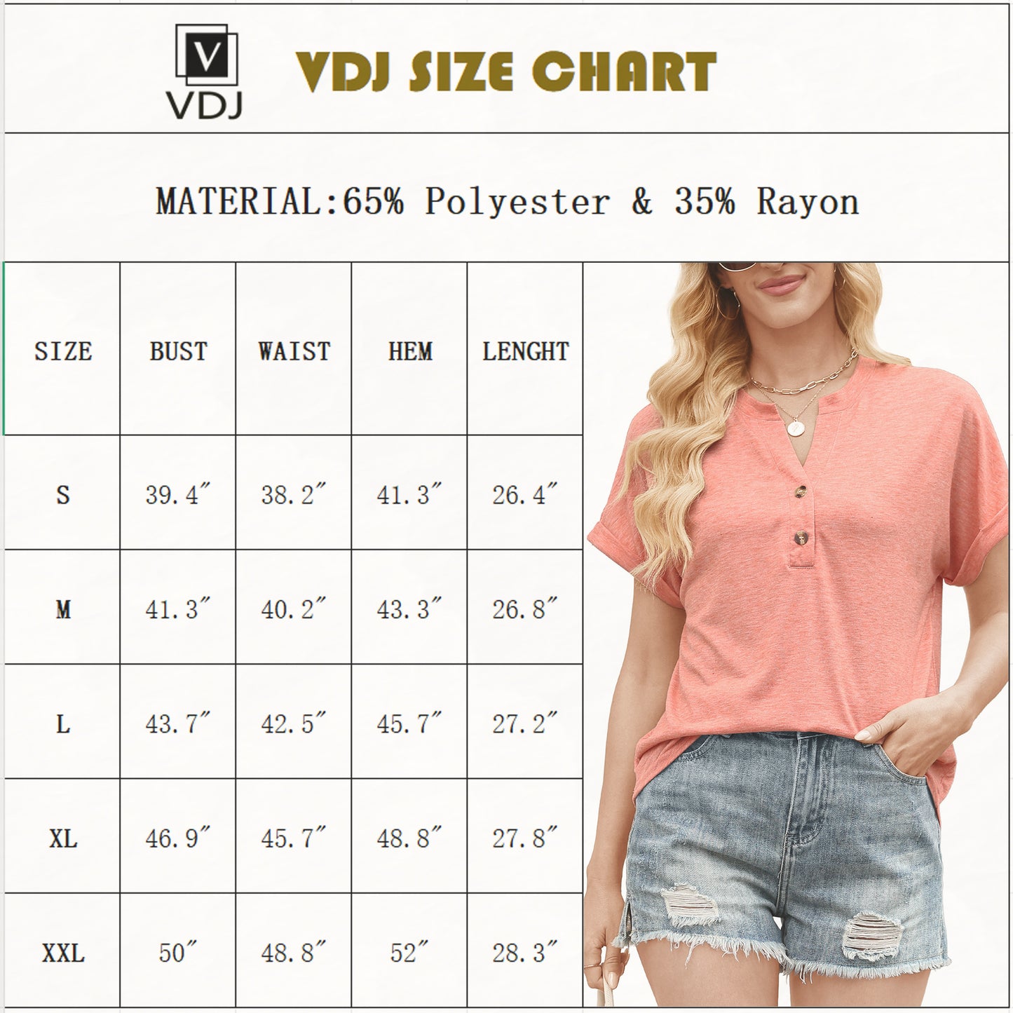 VDJ Womens Tops Fashion Short Sleeve Summer Button V Neck Shirts Loose Cute Coral Tunic Blouses for Ladies