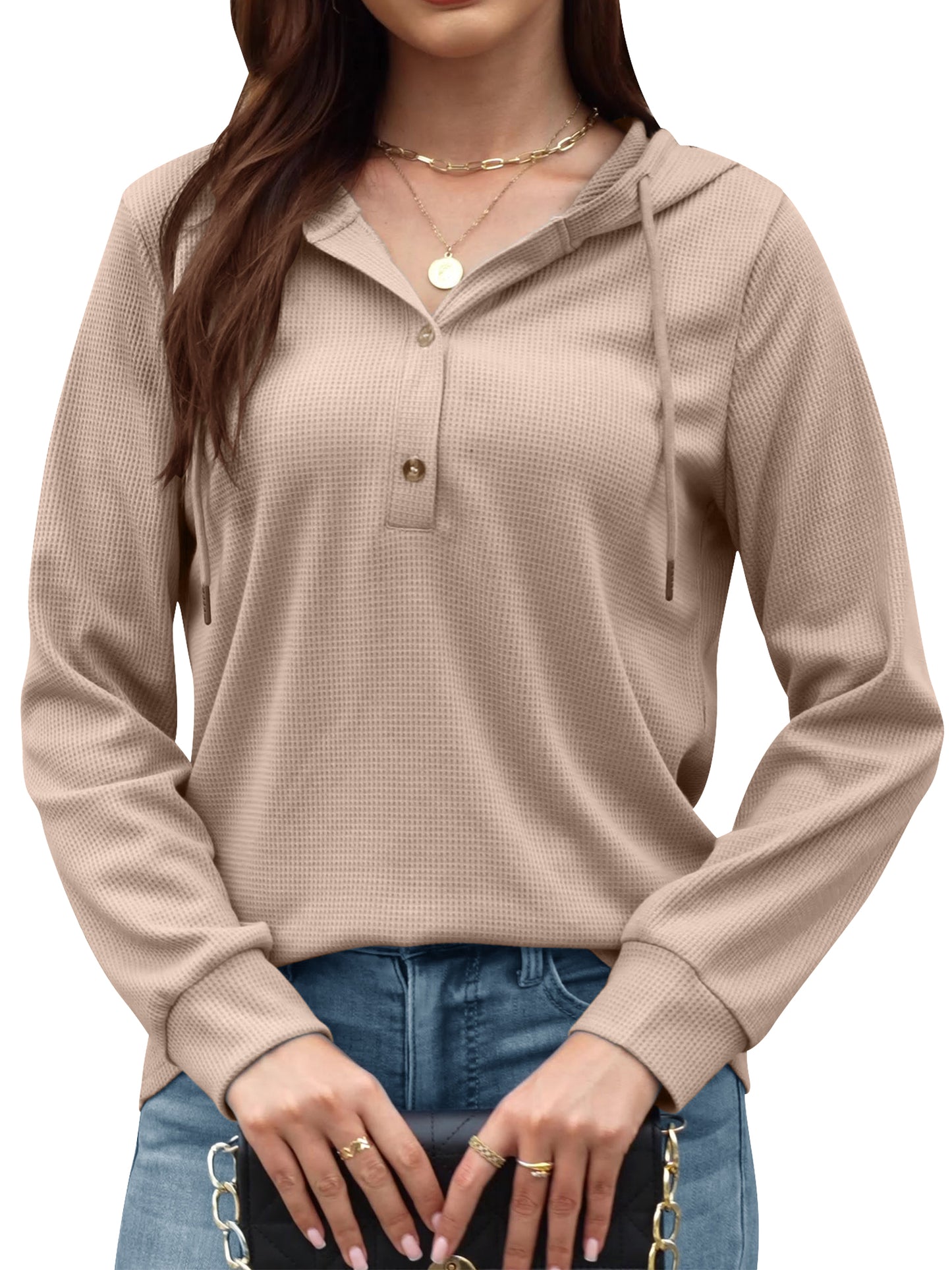 VDJ Womens Fall Tops Hoodies Pullover Casual Long Sleeve Button Hooded Sweatshirts Lightweight Autmun Clothing