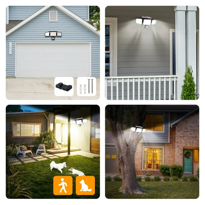 UME Solar Outdoor Lights 302 LED 3000LM, IP65 Waterproof Motion Sensor Outdoor Lights, 3 heads Solar Security Flood Lights 270 Wide Lighting Angle with 3 modes for Garden Patio Yard - 2 Pack