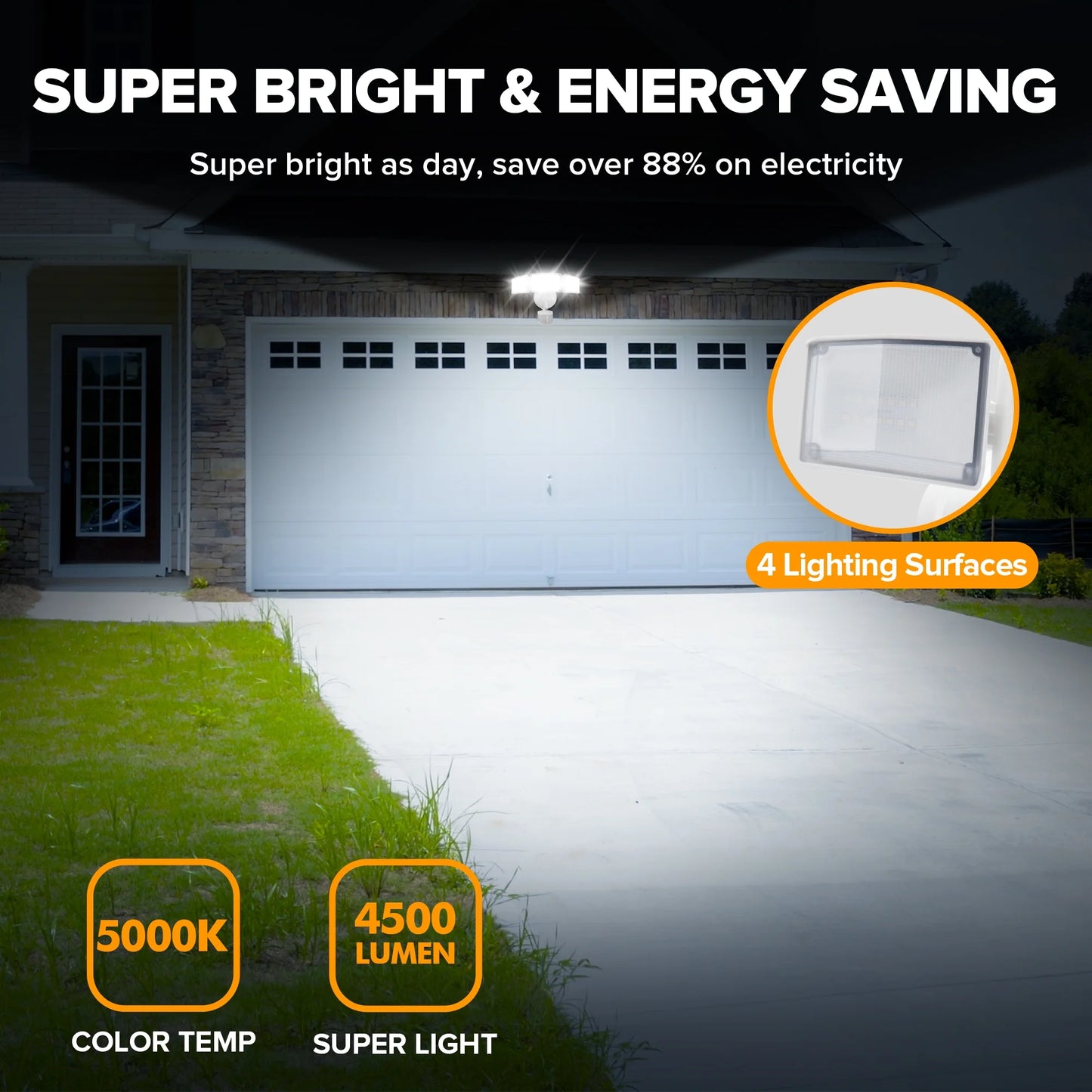 UME 4500LM LED Security Lights Motion Sensor Light Outdoor, 5000K Daylight, IP65 Waterproof, Dusk to Dawn, 3 Head Motion Detected Flood Light for Garage, Yard, Porch(White)