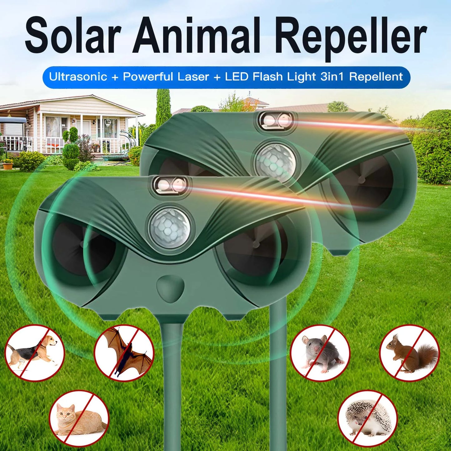 Arevtovis 2 Pack Animal Repeller, Ultrasonic, LED Light, Laser 3 in 1 Outdoor Solar Animal Repeller, 110° and 40FT Ultra-wide Range, Suitable for More Than 30+ Animals