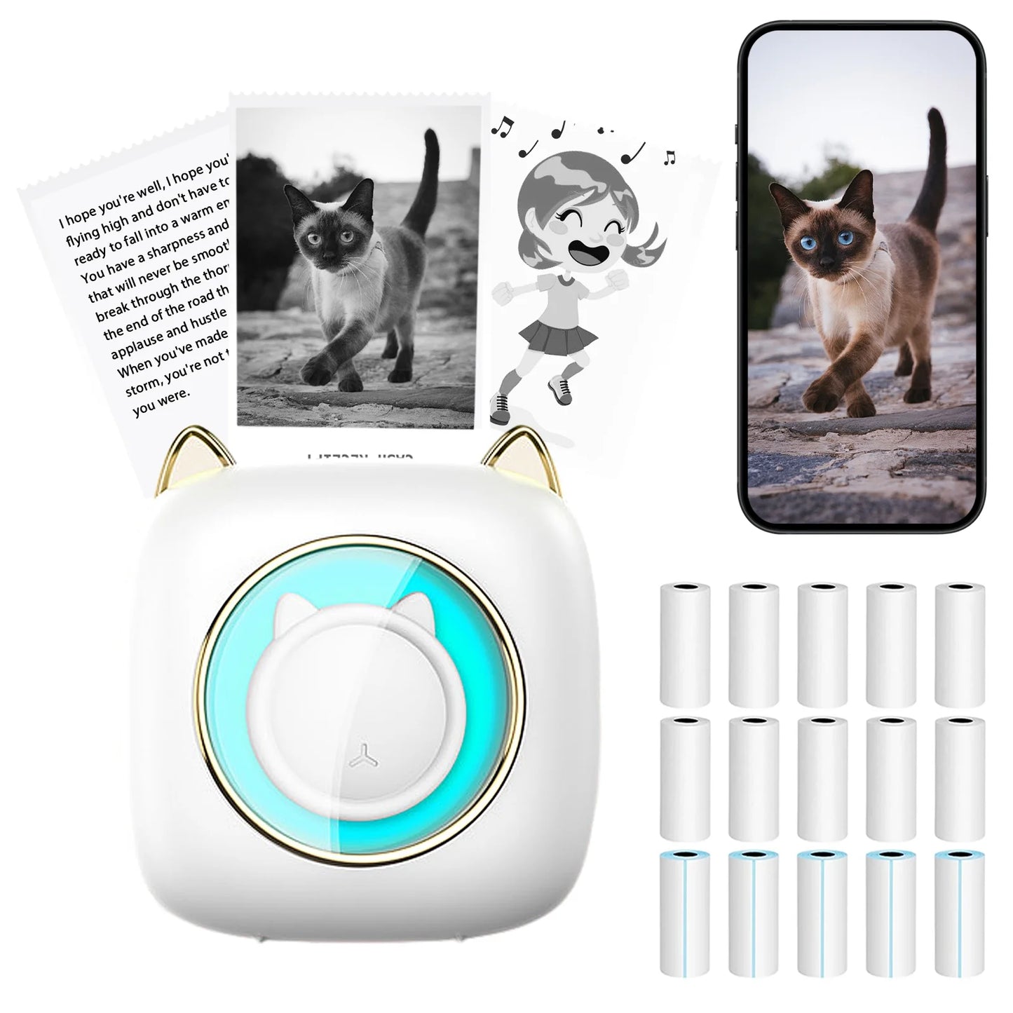 Arevtovis Mini Printer, Pocket Bluetooth Thermal Printer Compatible with iOS + Android, Comes with Three Types of Printing Paper