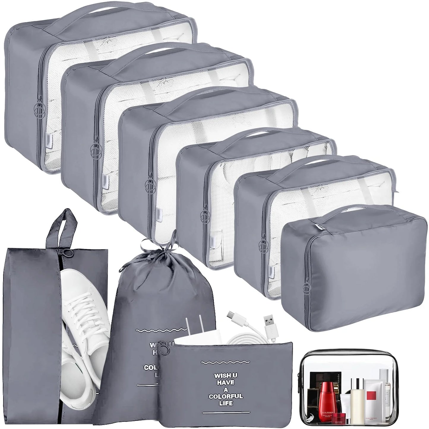 Arevtovis Suitcase Organizer Packing Cubes for Clothes - 10 Piece Clothes Bags, Packing Cube Set Travel Cubes, Packing Bags with Cosmetic Bag, Waterproof Shoes Bags, Travel Essentials (Gray)
