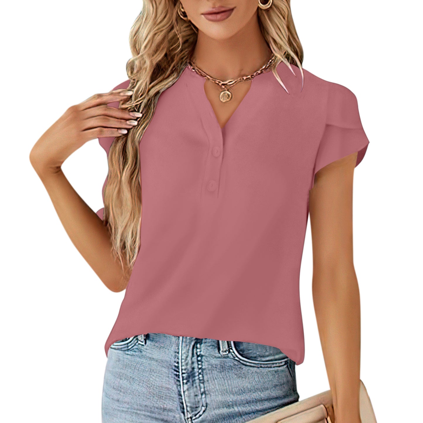 VDJ Women Blouses Summer Short Sleeve Button V Neck Trendy Shirts Casual Dressy Tops for Ladies