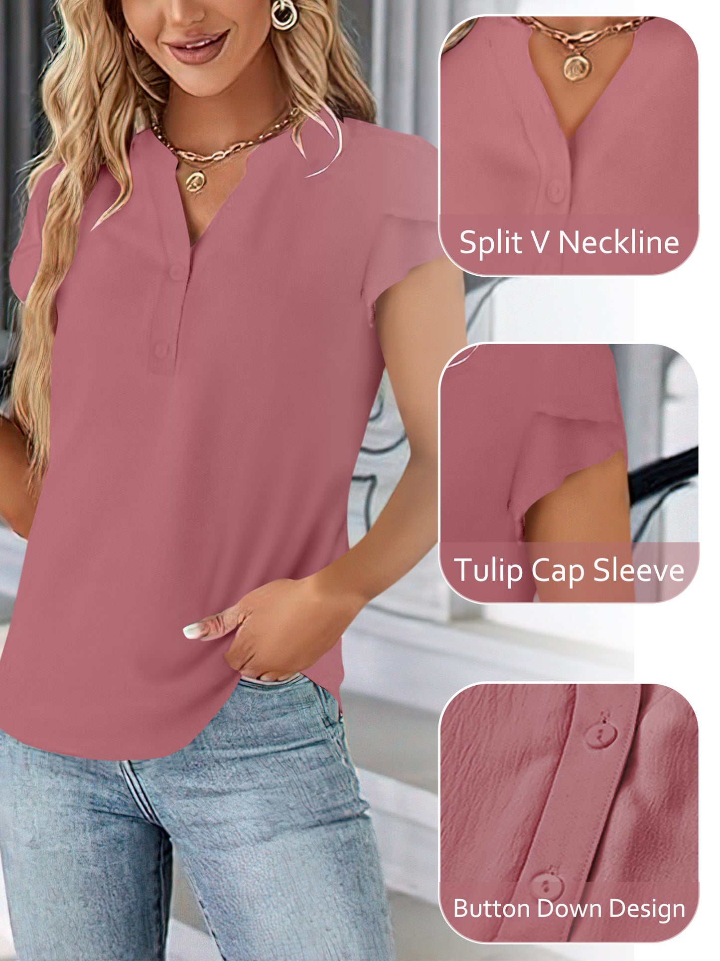 VDJ Women Blouses Summer Short Sleeve Button V Neck Trendy Shirts Casual Dressy Tops for Ladies