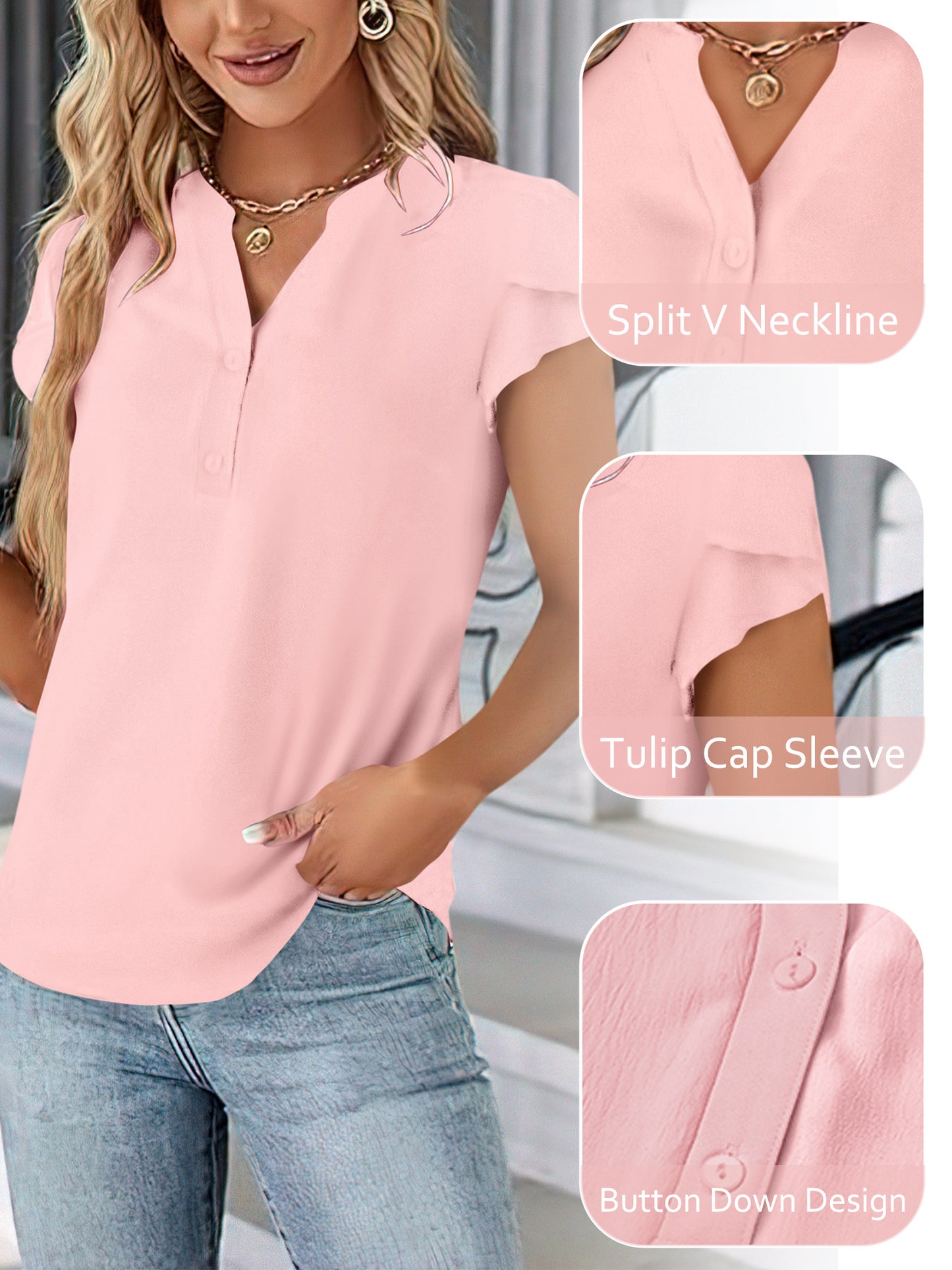 VDJ Women Blouses Summer Short Sleeve Button V Neck Trendy Shirts Casual Dressy Tops for Ladies