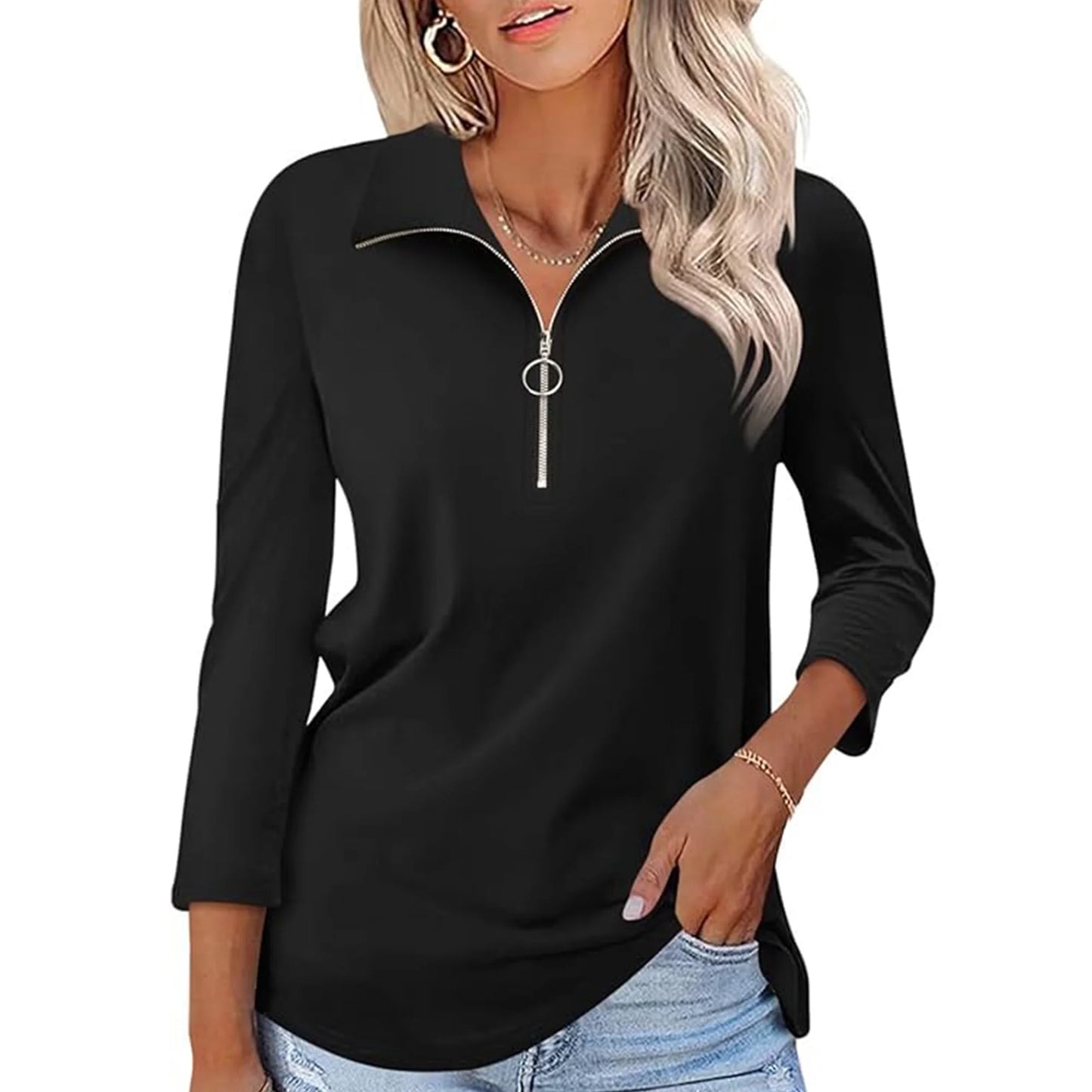 VDJ Tops for Women Zipper V Neck Shirts Casual Loose Solid Color Tshirts 3 4 Sleeve Black Blouse Comfort Pullover