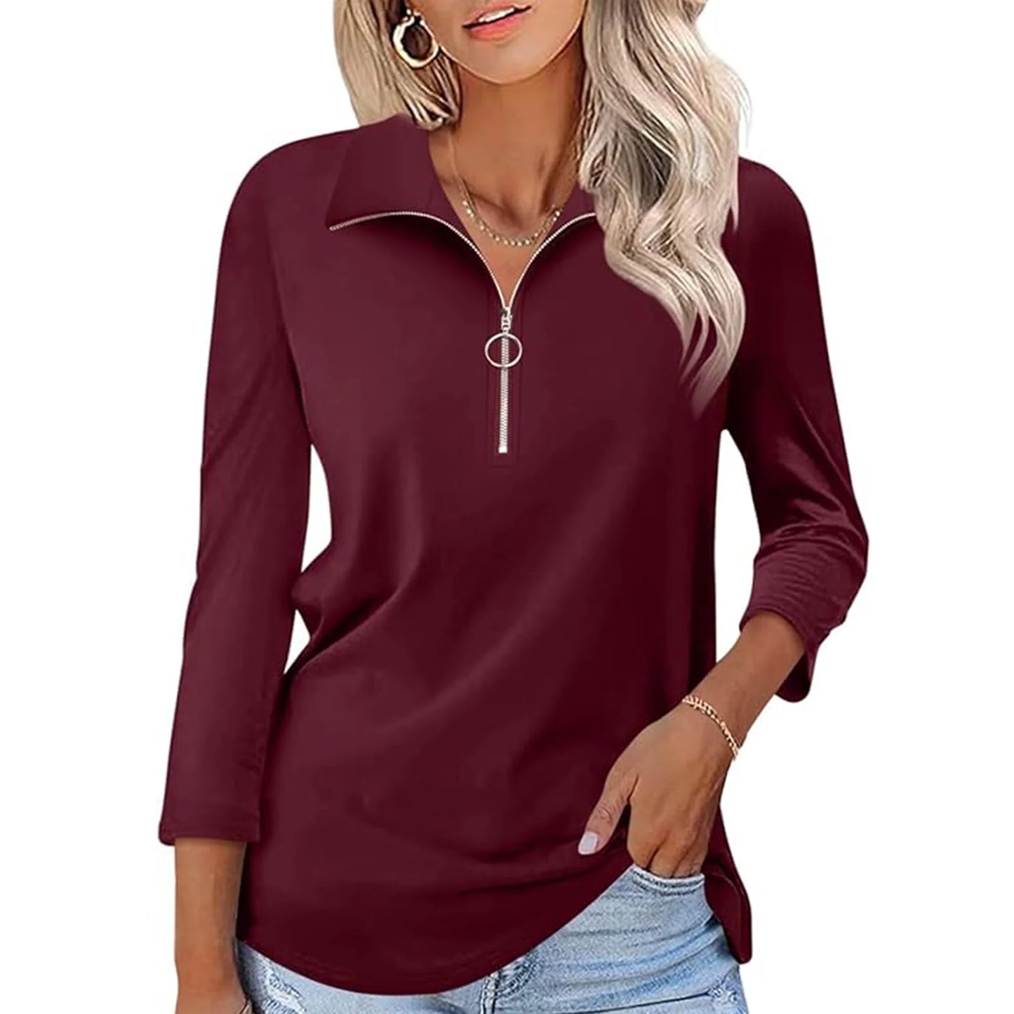 VDJ Women Dressy Tops 3/4 Sleeve Zip Up Collard Tops Casual Vintage Wine Red Fall Polo Shirts Clothing