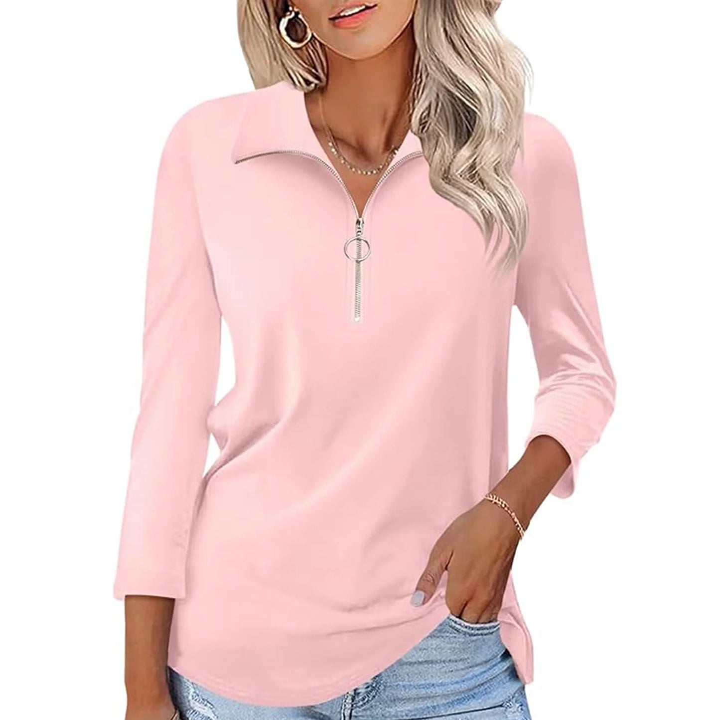 VDJ Women Tops 3/4 Sleeve Zip Collared Polo Shirts Casual V Neck Fall Blouses Solid Tee Clothes