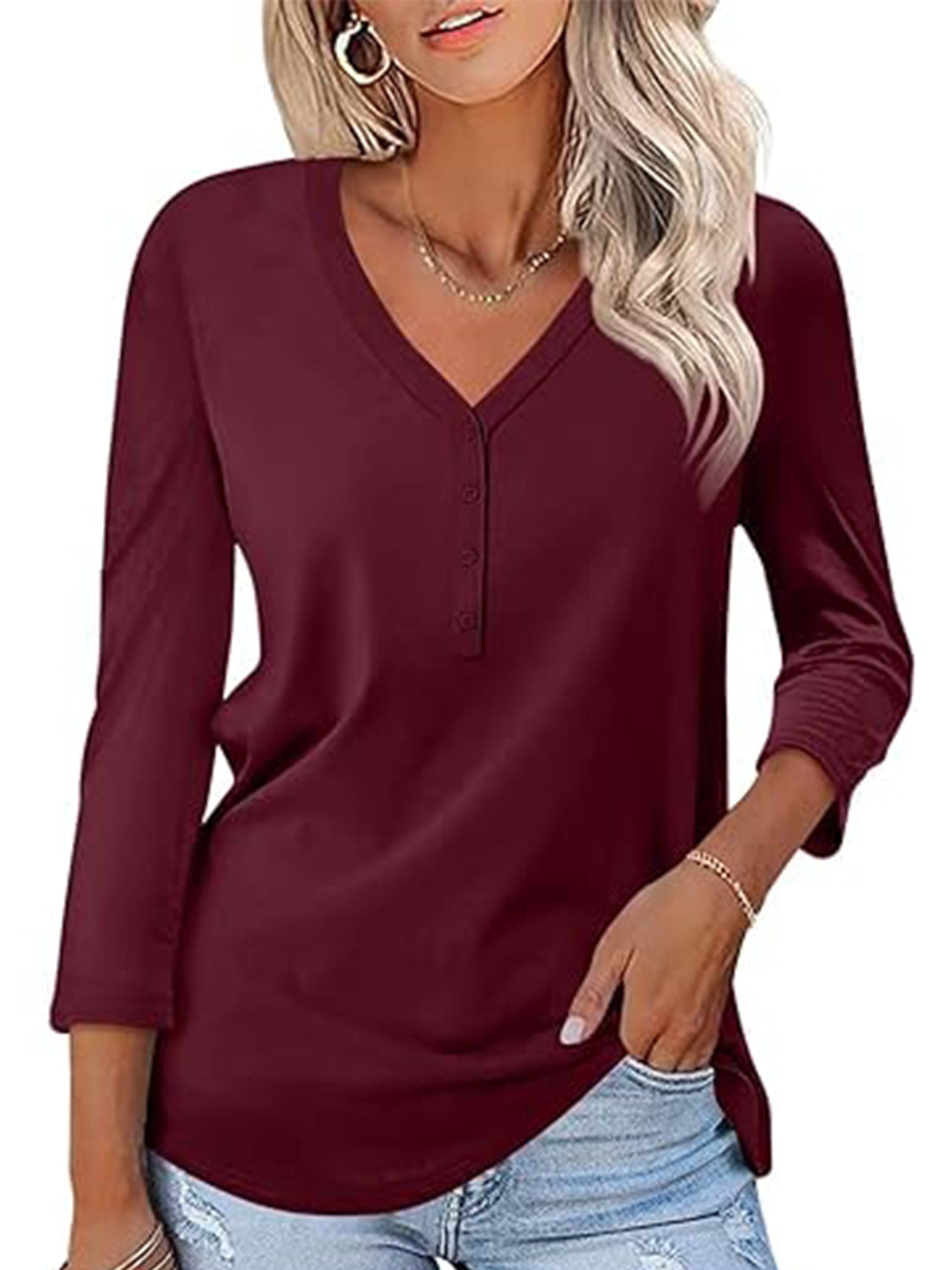 Button Tops for Women Casual Fit V Neck Fall Tshirts Shirts 3/4 Sleeve Comfort Cozy Wine Red Tunic Tee Clothing