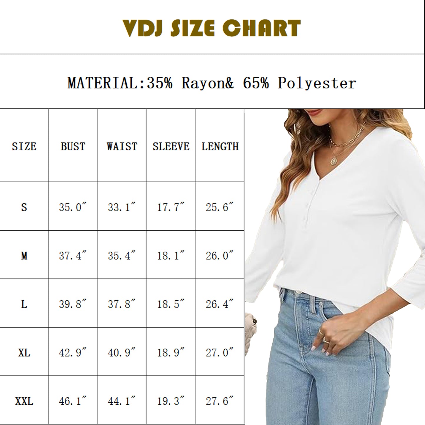 VDJ Women 3/4 Sleeve T Shirts Fashion Button Down V Neck White Blouse Plain Color Casual Fall Tops for Women Tee Shirt Clothing