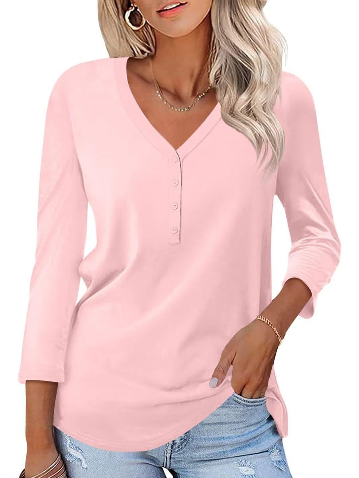 VDJ Women Tops Button V Neck 3/4 Sleeve T Shirts Casual Fall Tops Solid Color Basic Cute Pink Tee Clothes