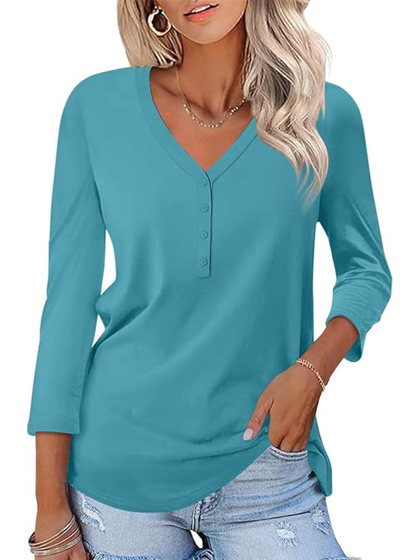 VDJ Button V Neck Tops for Women 3/4 Sleeve Comfort Soft Tshirts Basic Casual Tee Clothing