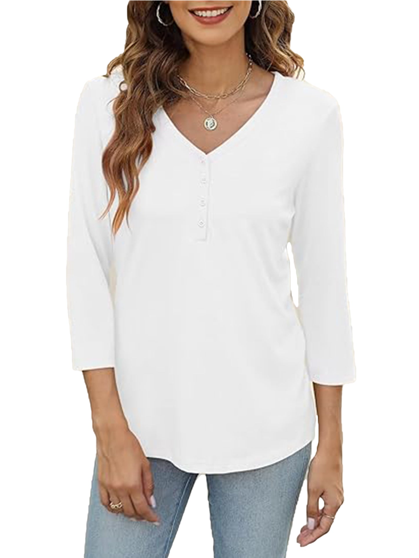 VDJ Women 3/4 Sleeve T Shirts Fashion Button Down V Neck White Blouse Plain Color Casual Fall Tops for Women Tee Shirt Clothing