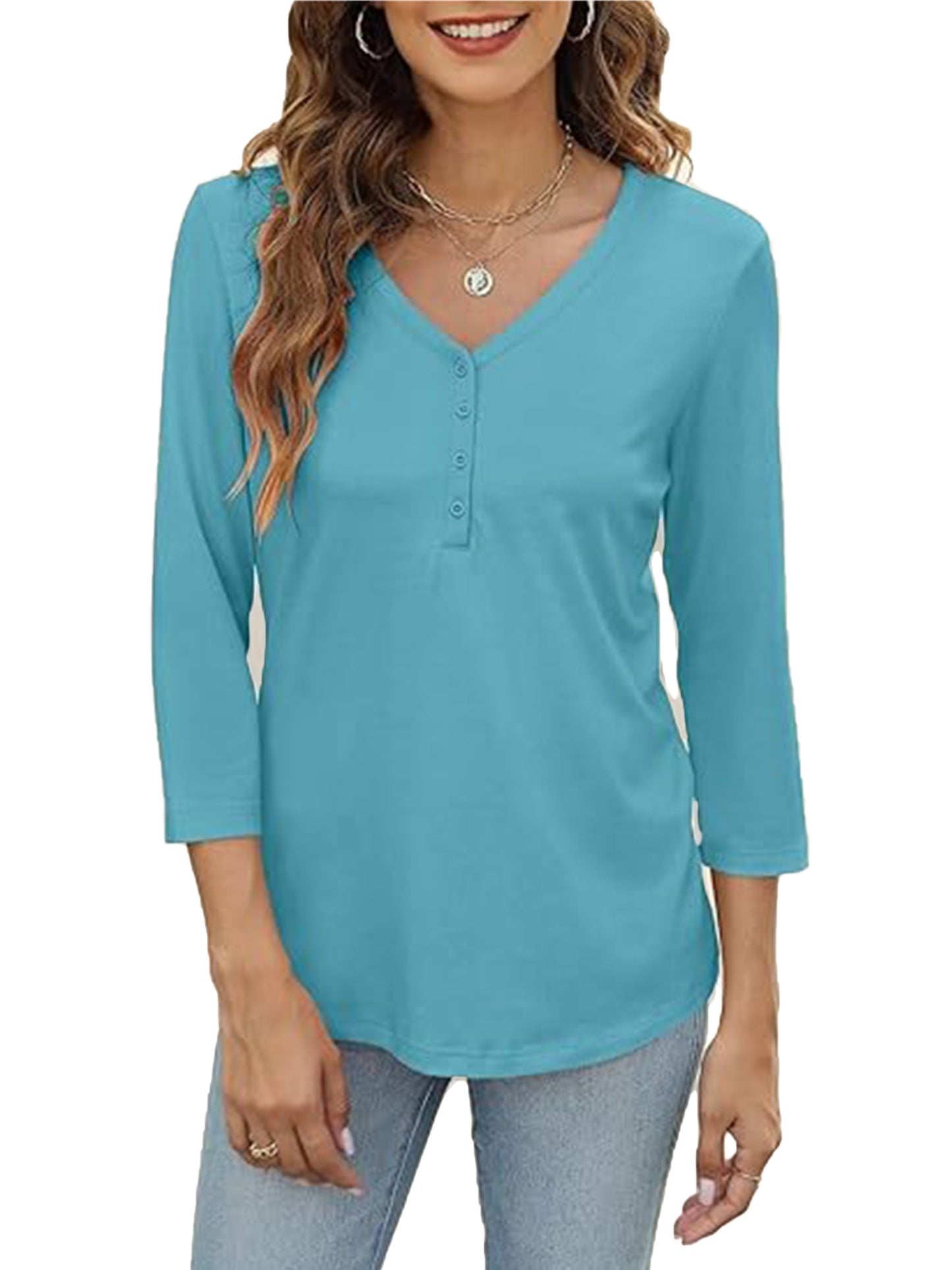 VDJ Button V Neck Tops for Women 3/4 Sleeve Comfort Soft Tshirts Basic Casual Tee Clothing