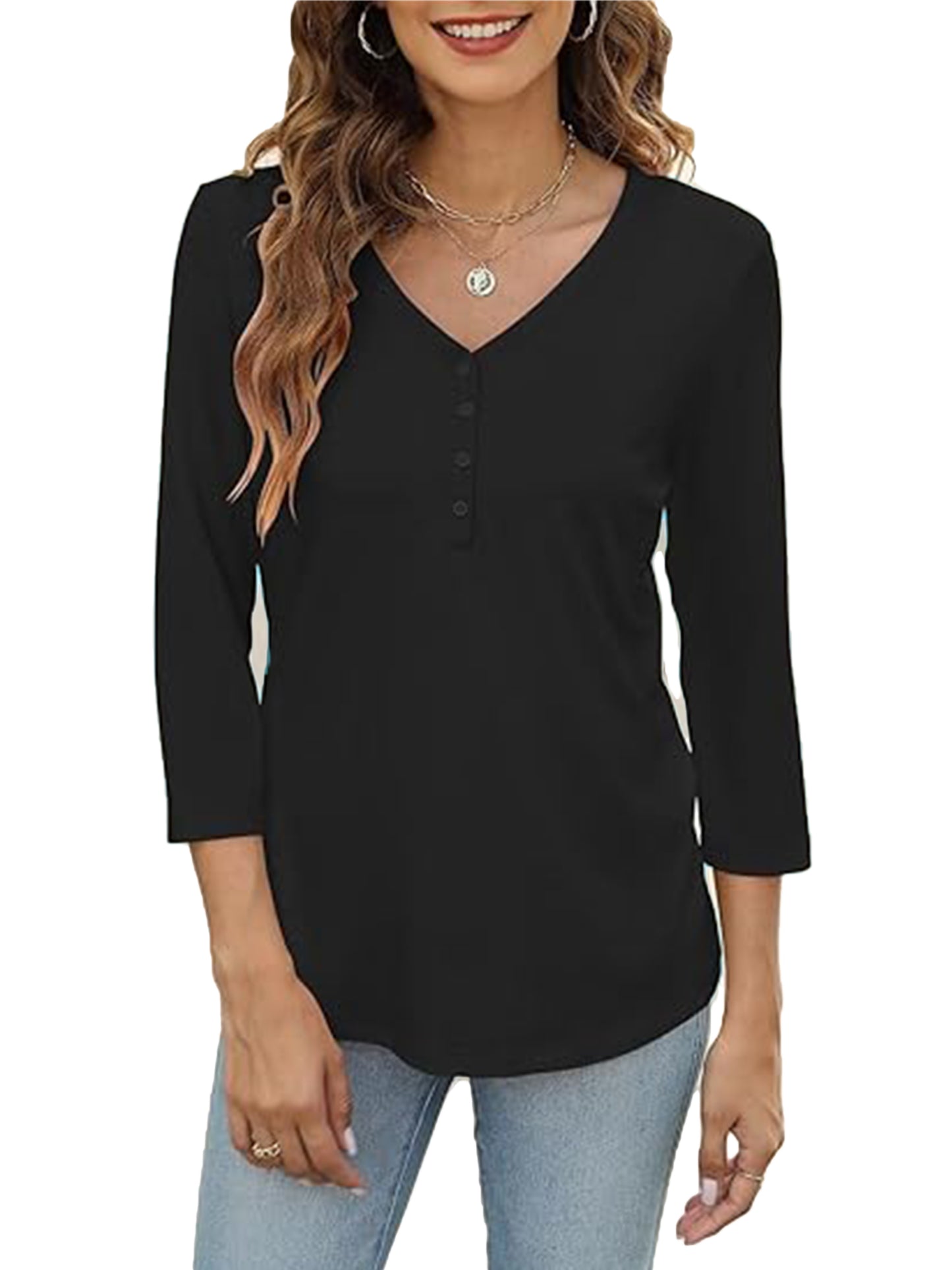 VDJ Tops for Women Button T Shirts Solid Color Casual Loose Tops for Women Black Shirts Lightweight Blouse