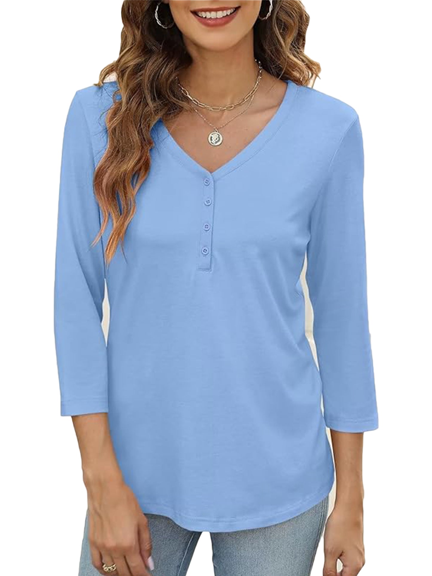 VDJ Button Shirts for Women 3/4 Sleeve V Neck Casual Fit Plain Color Sky Blue T Shirts Comfort Soft Basics Tops for Women
