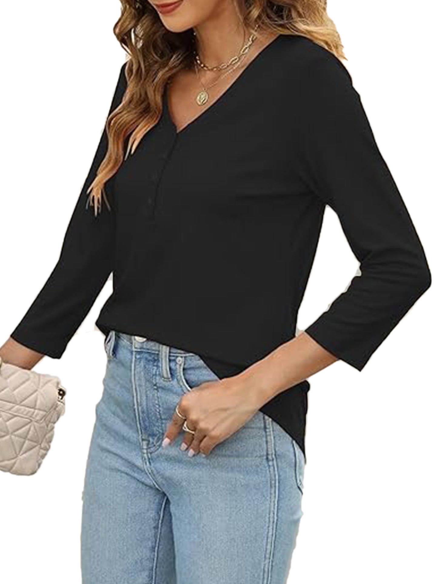VDJ Tops for Women Button T Shirts Solid Color Casual Loose Tops for Women Black Shirts Lightweight Blouse