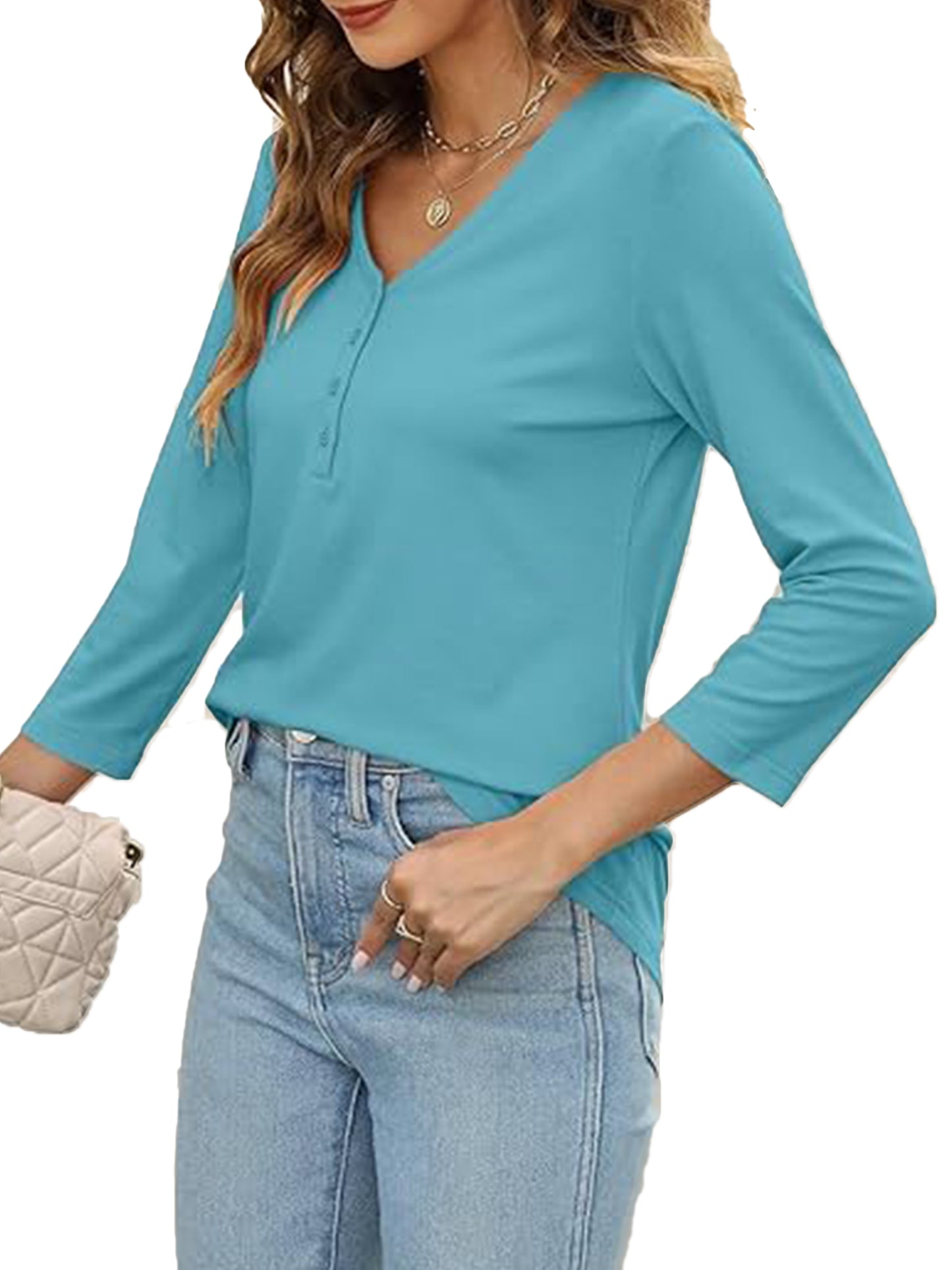 VDJ Button V Neck Tops for Women 3/4 Sleeve Comfort Soft Tshirts Basic Casual Tee Clothing
