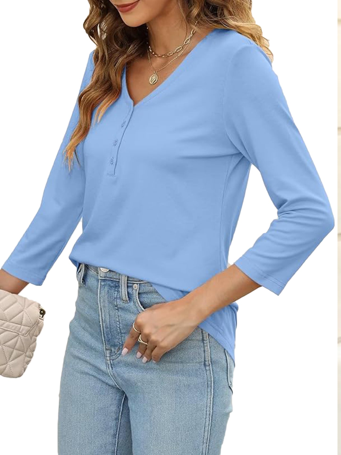 VDJ Button Shirts for Women 3/4 Sleeve V Neck Casual Fit Plain Color Sky Blue T Shirts Comfort Soft Basics Tops for Women