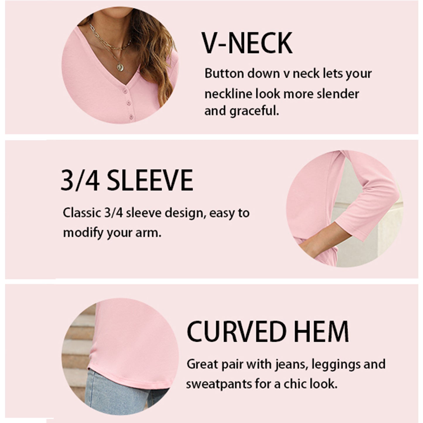 VDJ Women Tops Button V Neck 3/4 Sleeve T Shirts Casual Fall Tops Solid Color Basic Cute Pink Tee Clothes
