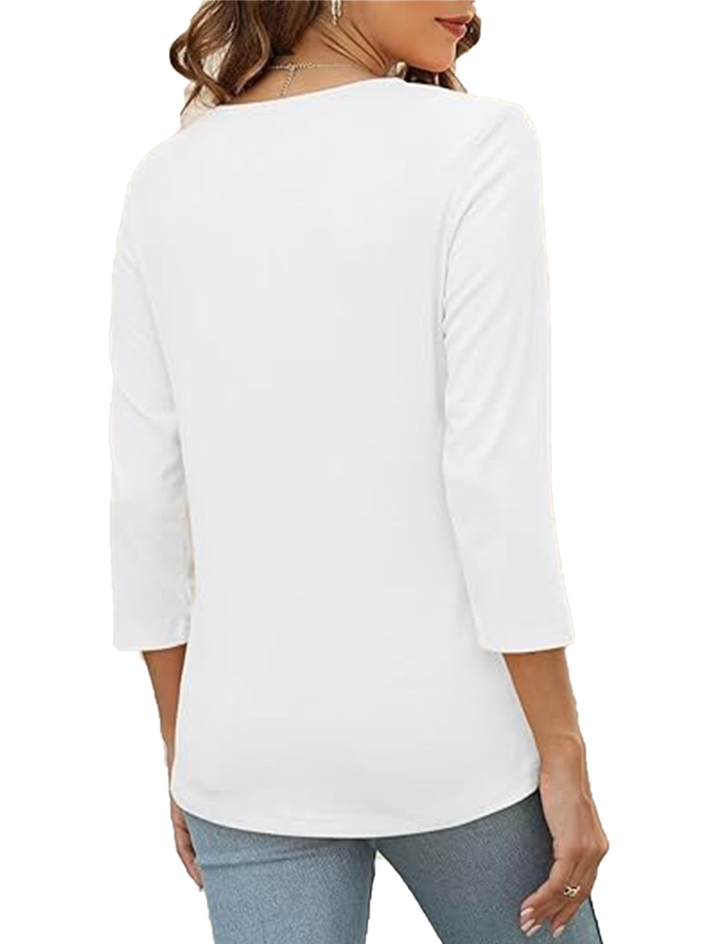 VDJ Women 3/4 Sleeve T Shirts Fashion Button Down V Neck White Blouse Plain Color Casual Fall Tops for Women Tee Shirt Clothing
