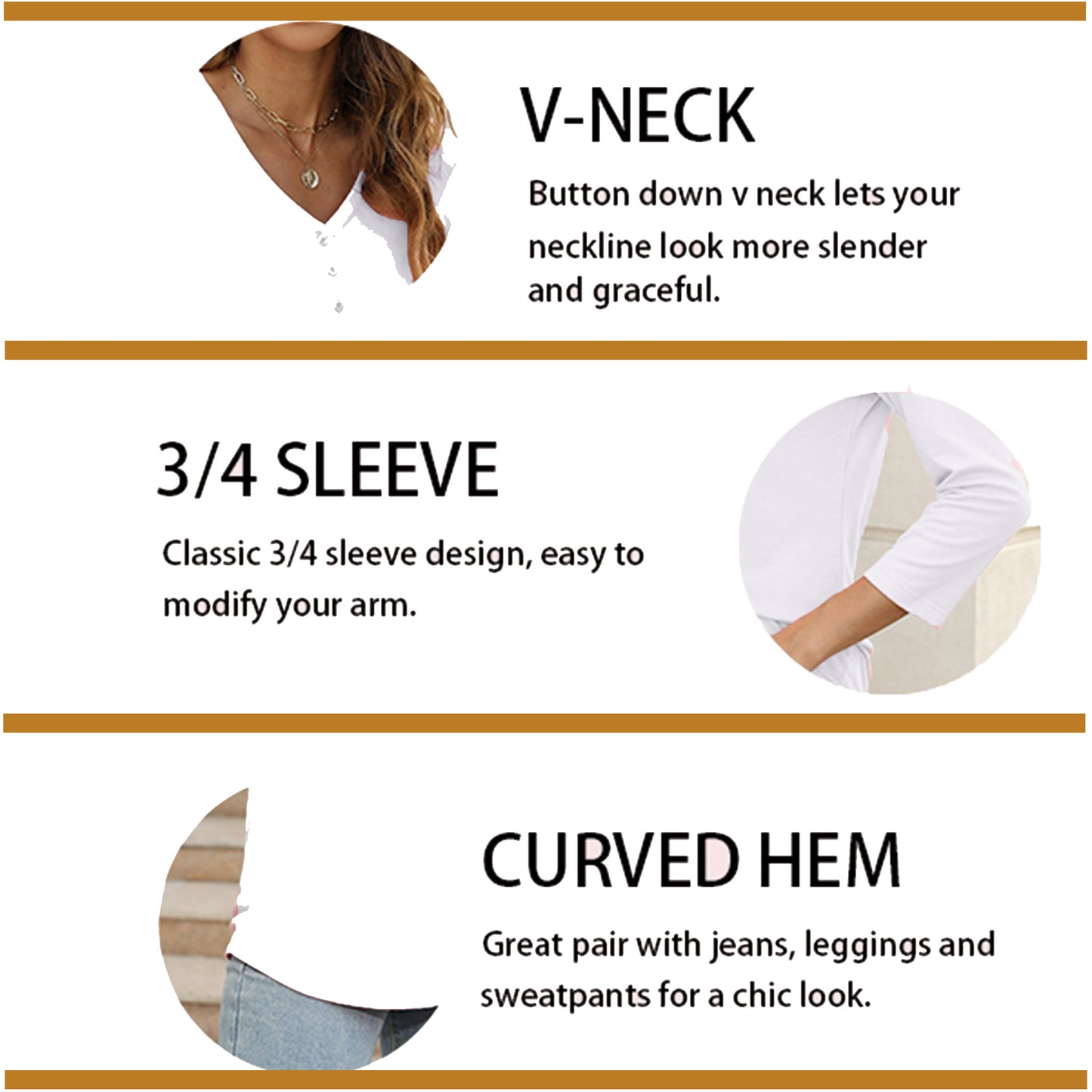 VDJ Women 3/4 Sleeve T Shirts Fashion Button Down V Neck White Blouse Plain Color Casual Fall Tops for Women Tee Shirt Clothing