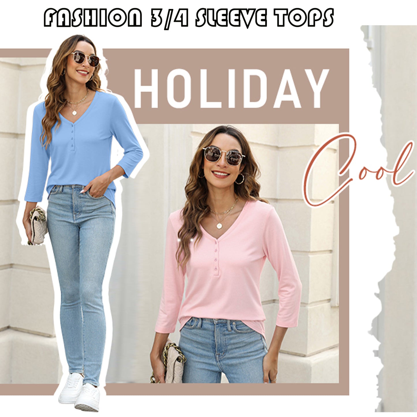 VDJ Women Tops Button V Neck 3/4 Sleeve T Shirts Casual Fall Tops Solid Color Basic Cute Pink Tee Clothes