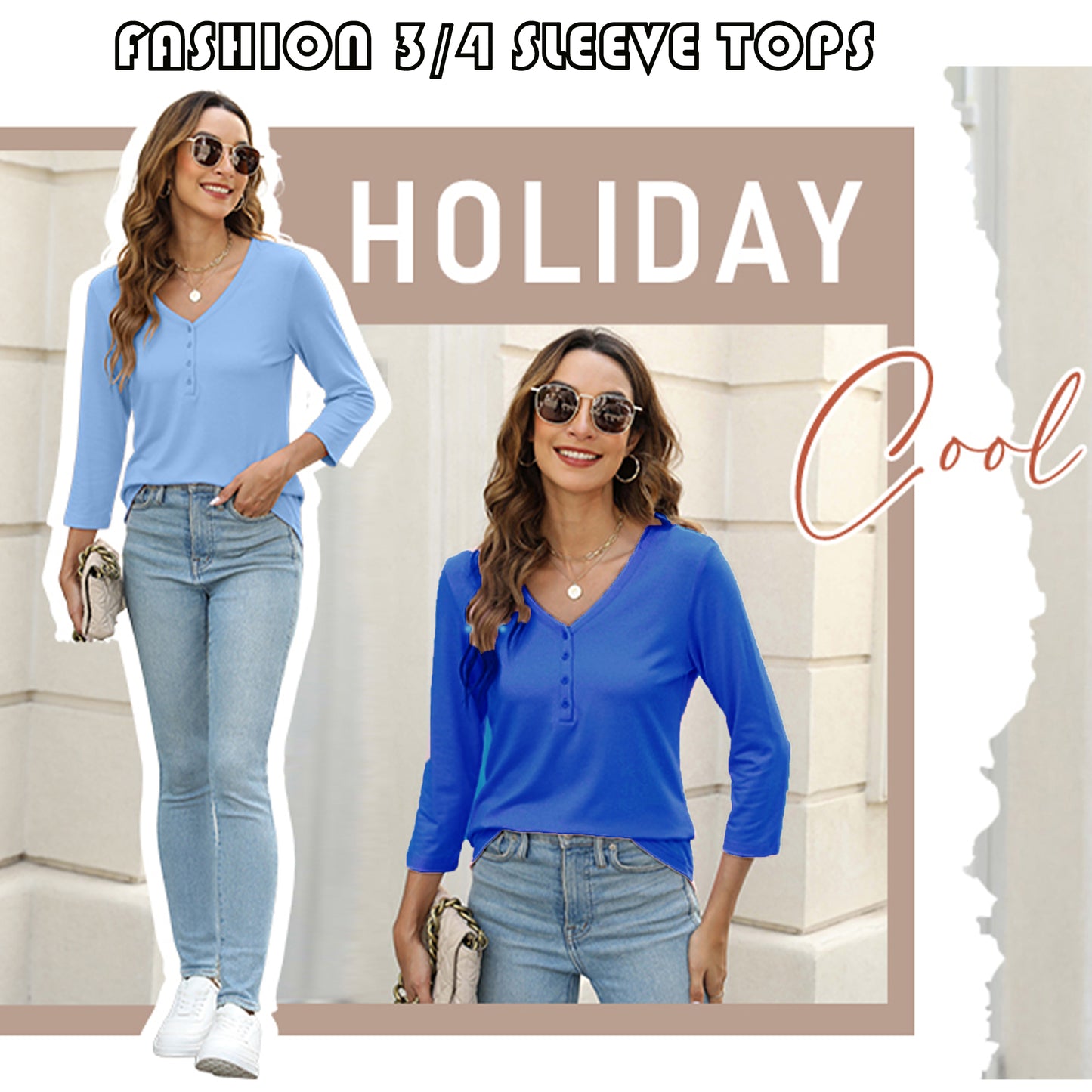 VDJ Women Fall Tops 3/4 Sleeve Fashion Button Down Tshirt Shirts Lightweight Navy Blue Tee Blouse Comfort Tops for Women