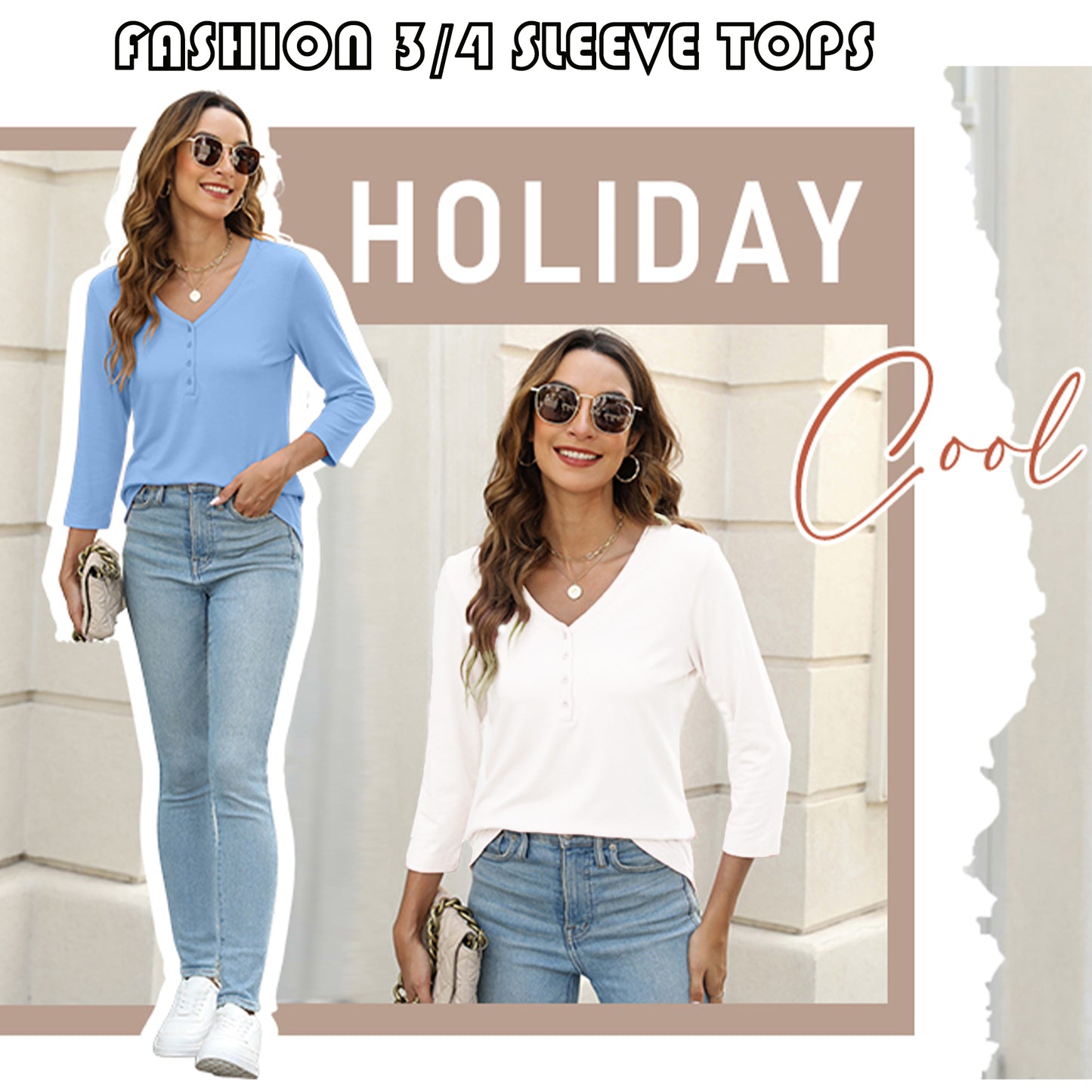 VDJ Women 3/4 Sleeve T Shirts Fashion Button Down V Neck White Blouse Plain Color Casual Fall Tops for Women Tee Shirt Clothing