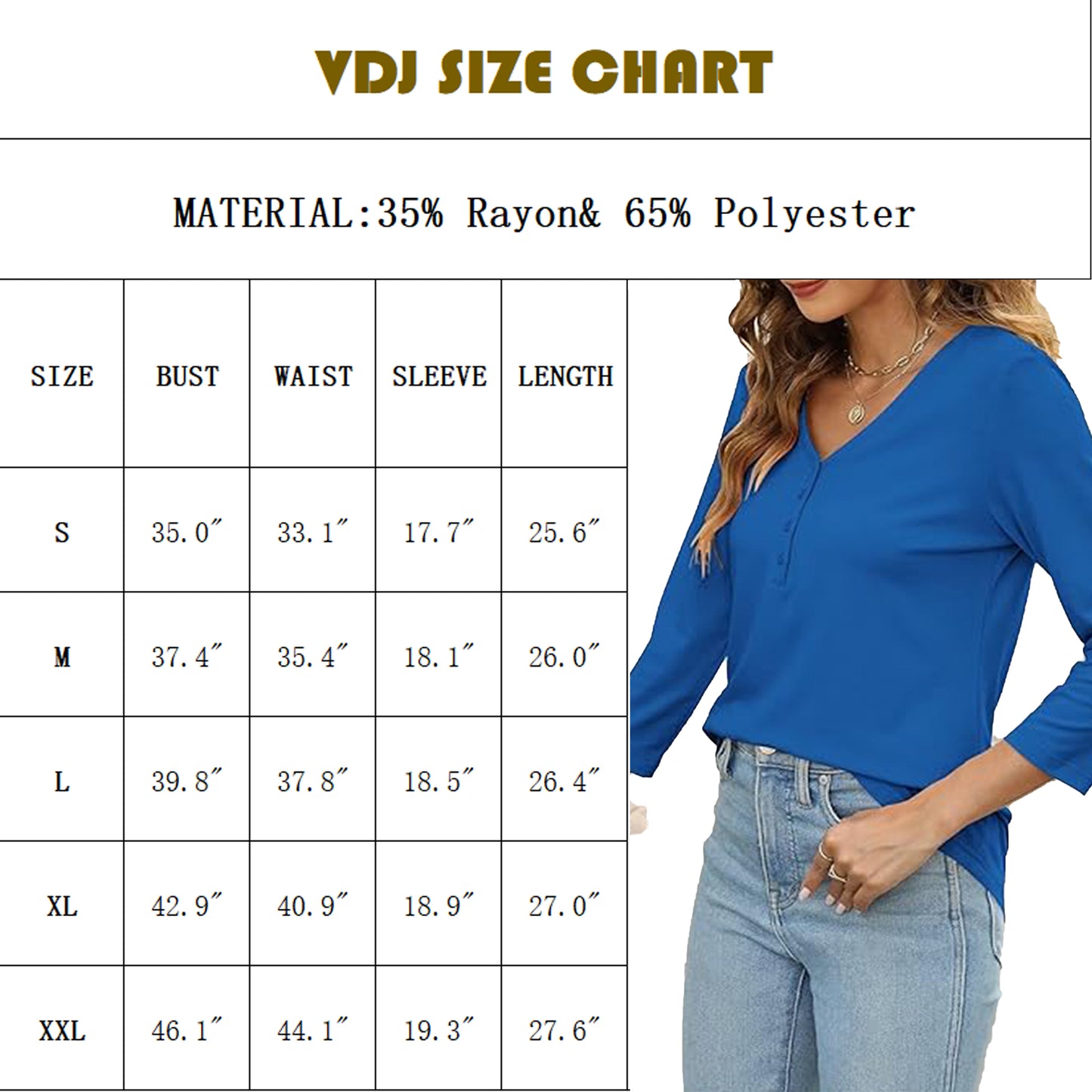 VDJ Women Fall Tops 3/4 Sleeve Fashion Button Down Tshirt Shirts Lightweight Navy Blue Tee Blouse Comfort Tops for Women